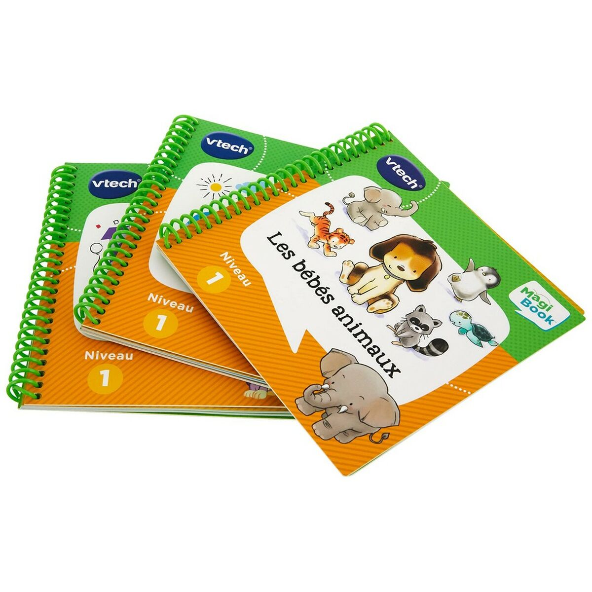 Libri per bambini colorati con animali e logo VTech, su sfondo bianco.