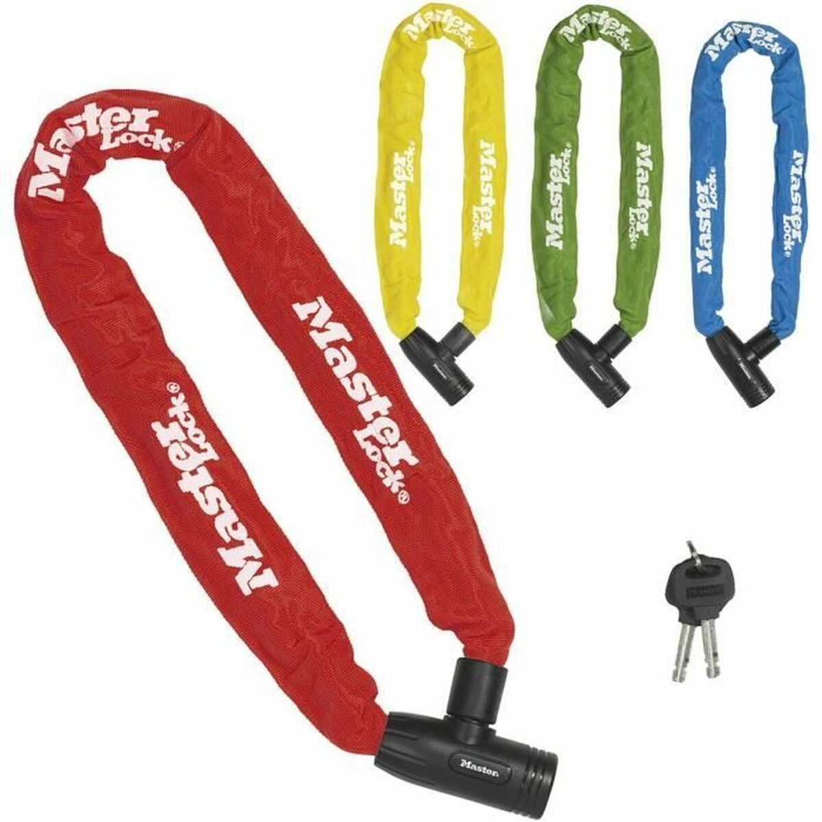 Quattro lucchetti Master Lock per bicicletta rossi, gialli, verdi e blu con chiavi.