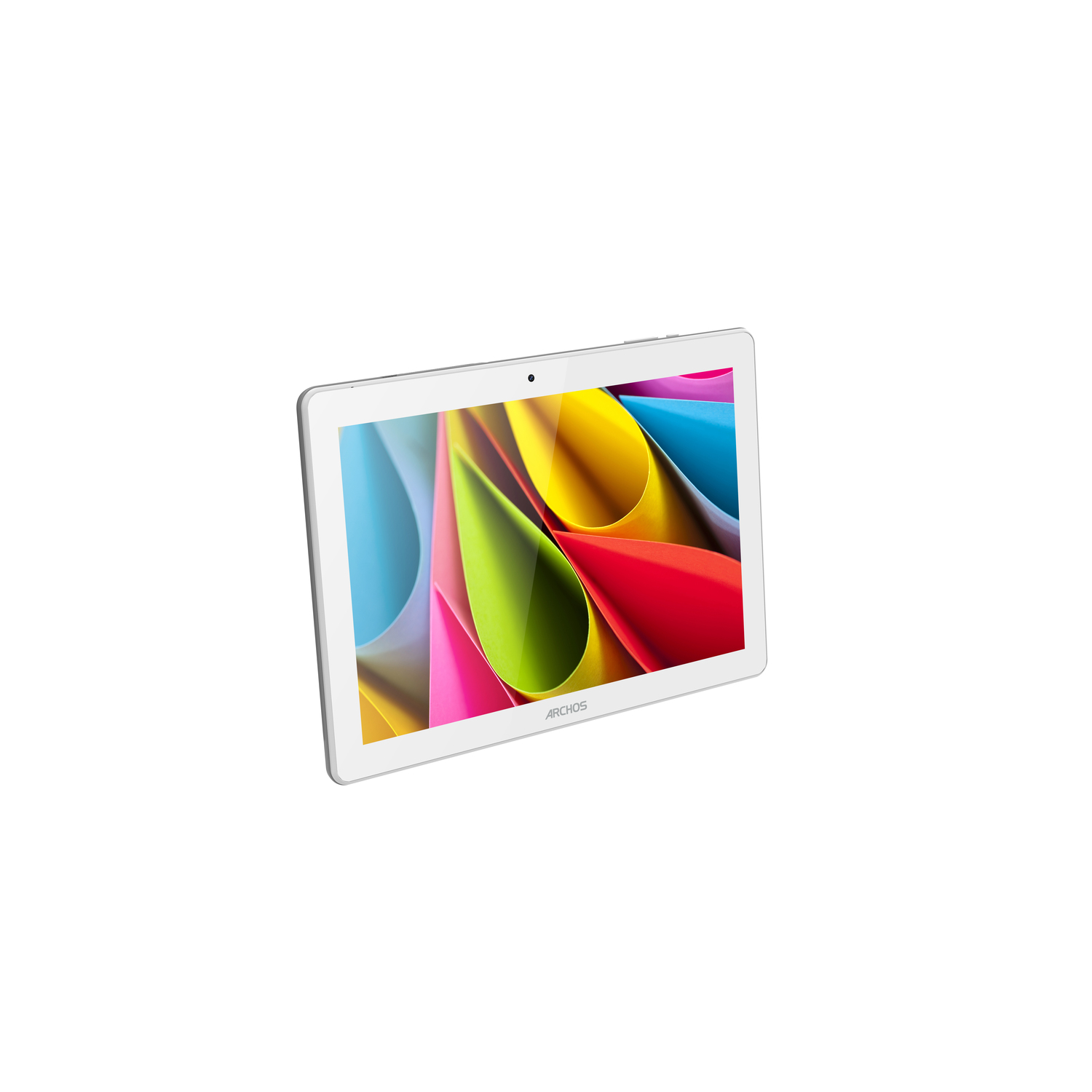Een witte tablet met een kleurrijke achtergrond van opgerolde papieren.