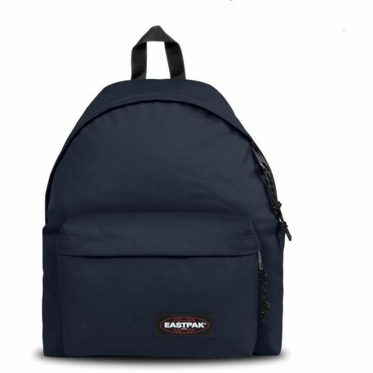 Ein marineblauer Eastpak-Rucksack mit Fronttasche und oberem Griff.