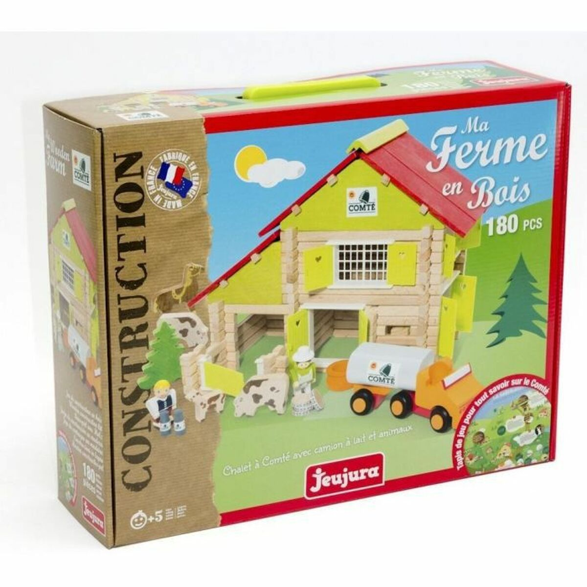 Confezione di un gioco di fattoria in legno con fattoria, animali e veicoli.