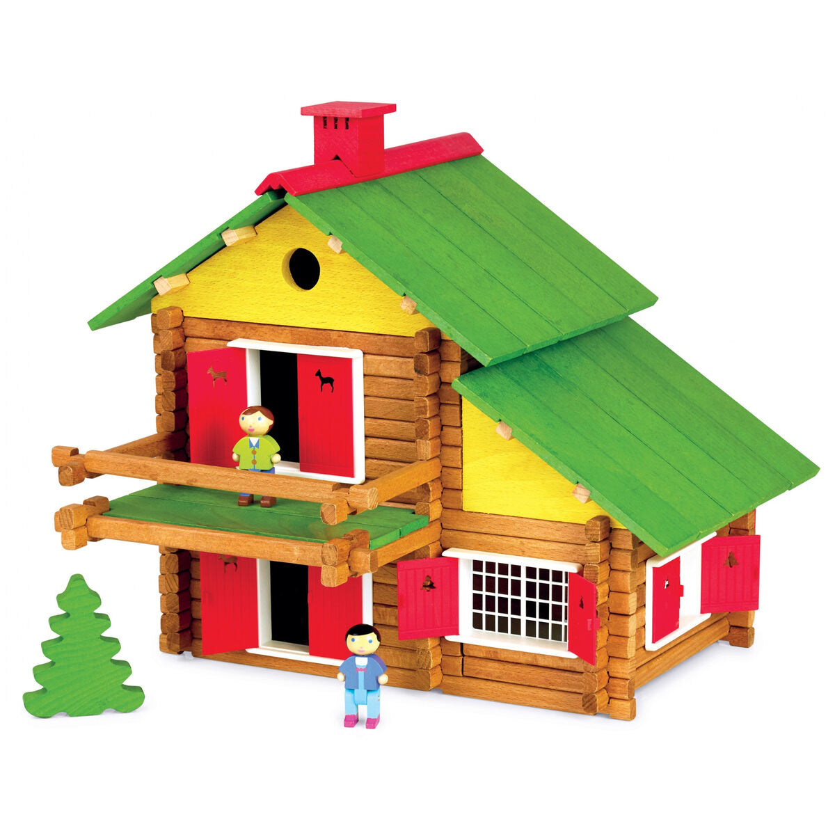 Casetta di legno giocattolo con figure e albero.