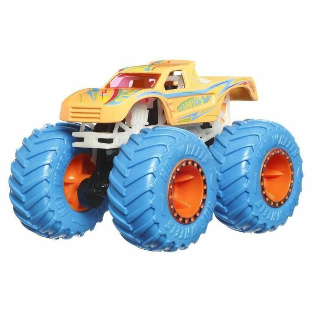 Ein gelber Spielzeug-Monster-Truck mit blauen Rädern und orangenen Felgen.