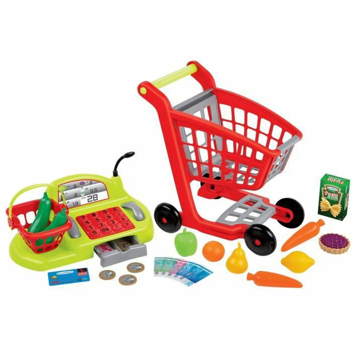 Spielzeugkasse, Einkaufswagen und Lebensmittel-Spielzeug auf weißem Hintergrund.