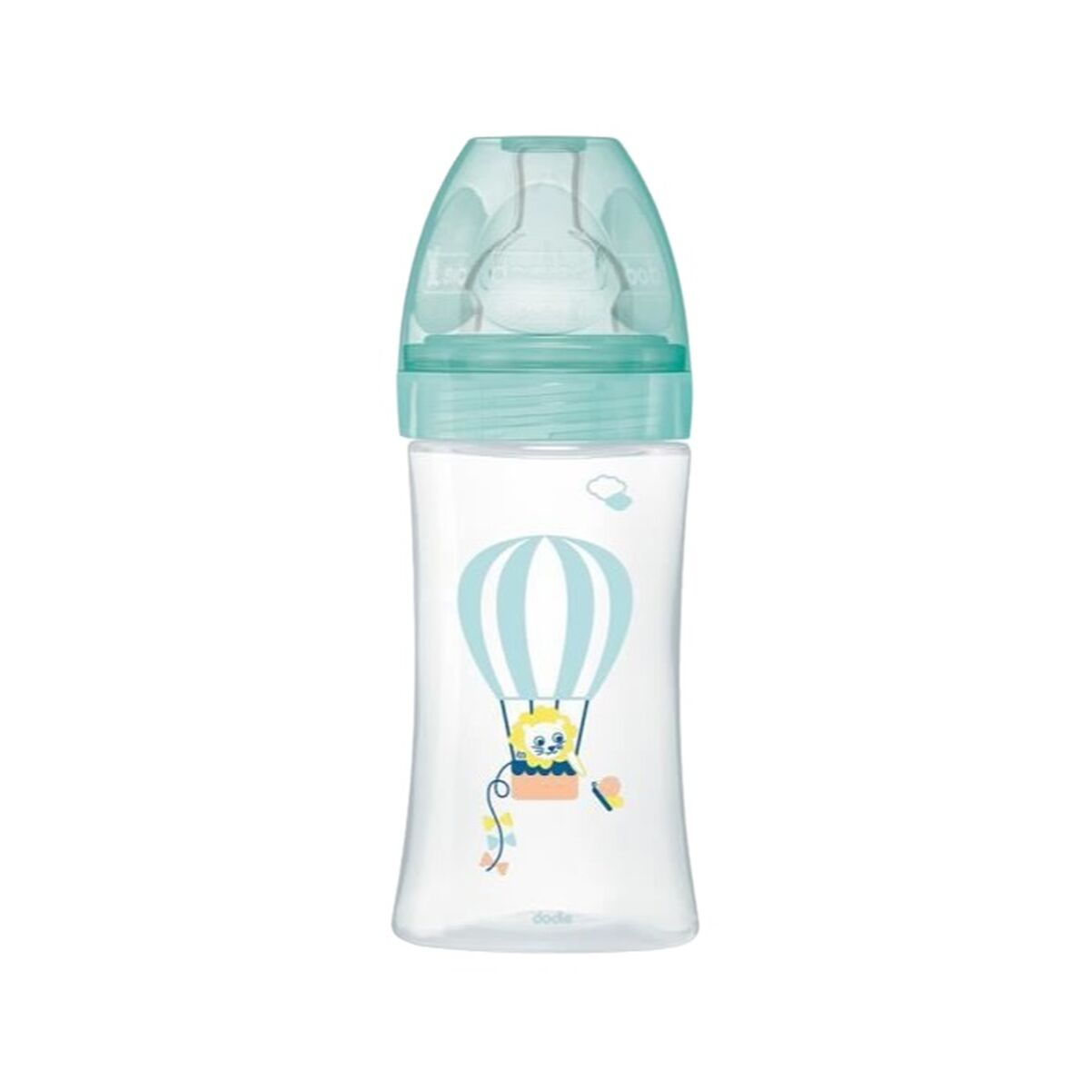 Eine durchsichtige Babyflasche mit türkisfarbenem Deckel und einem Aufdruck eines Heißluftballons mit einem Löwen.