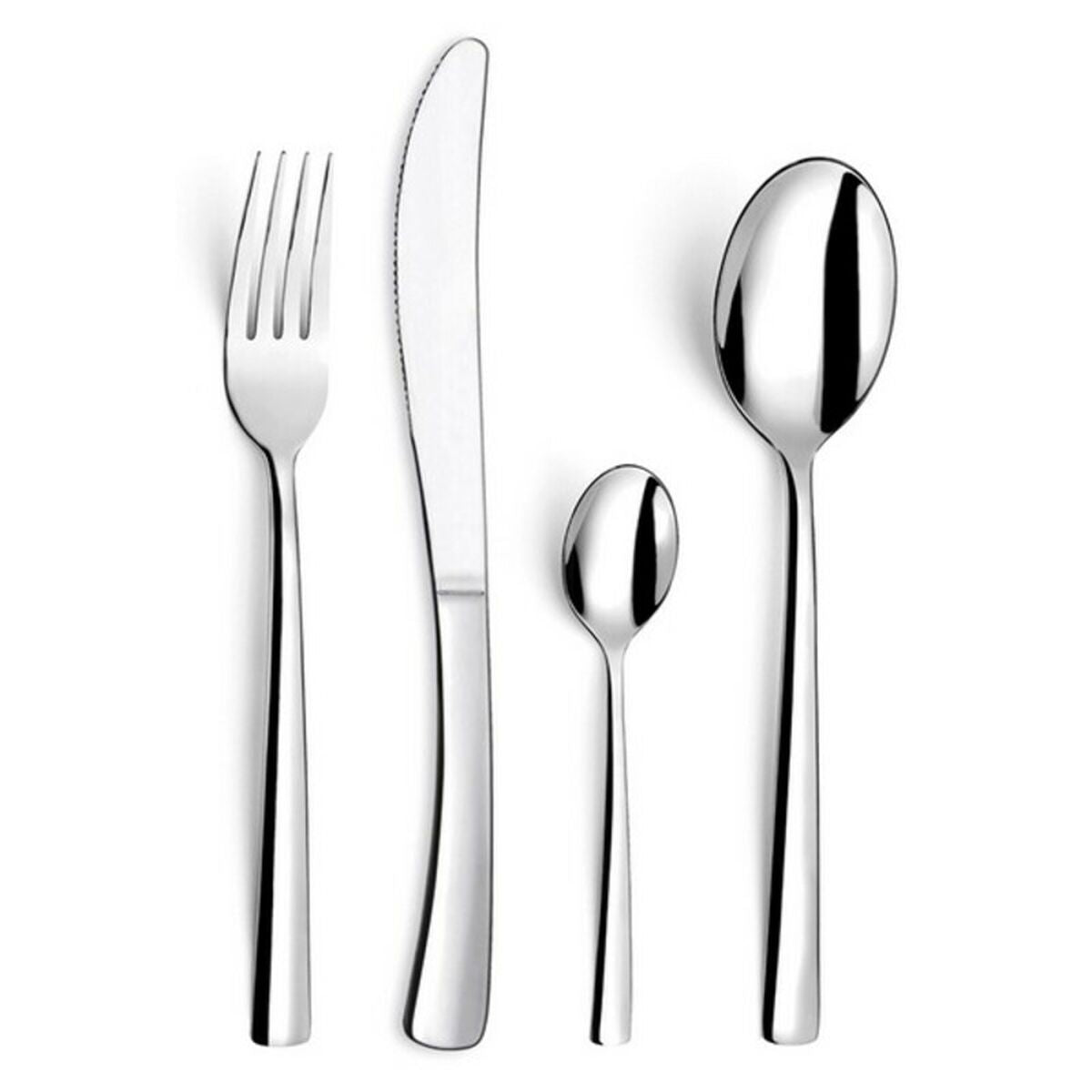 Ein Satz von vier glänzenden Silberbestecken: Gabel, Messer, kleiner Löffel, großer Löffel.