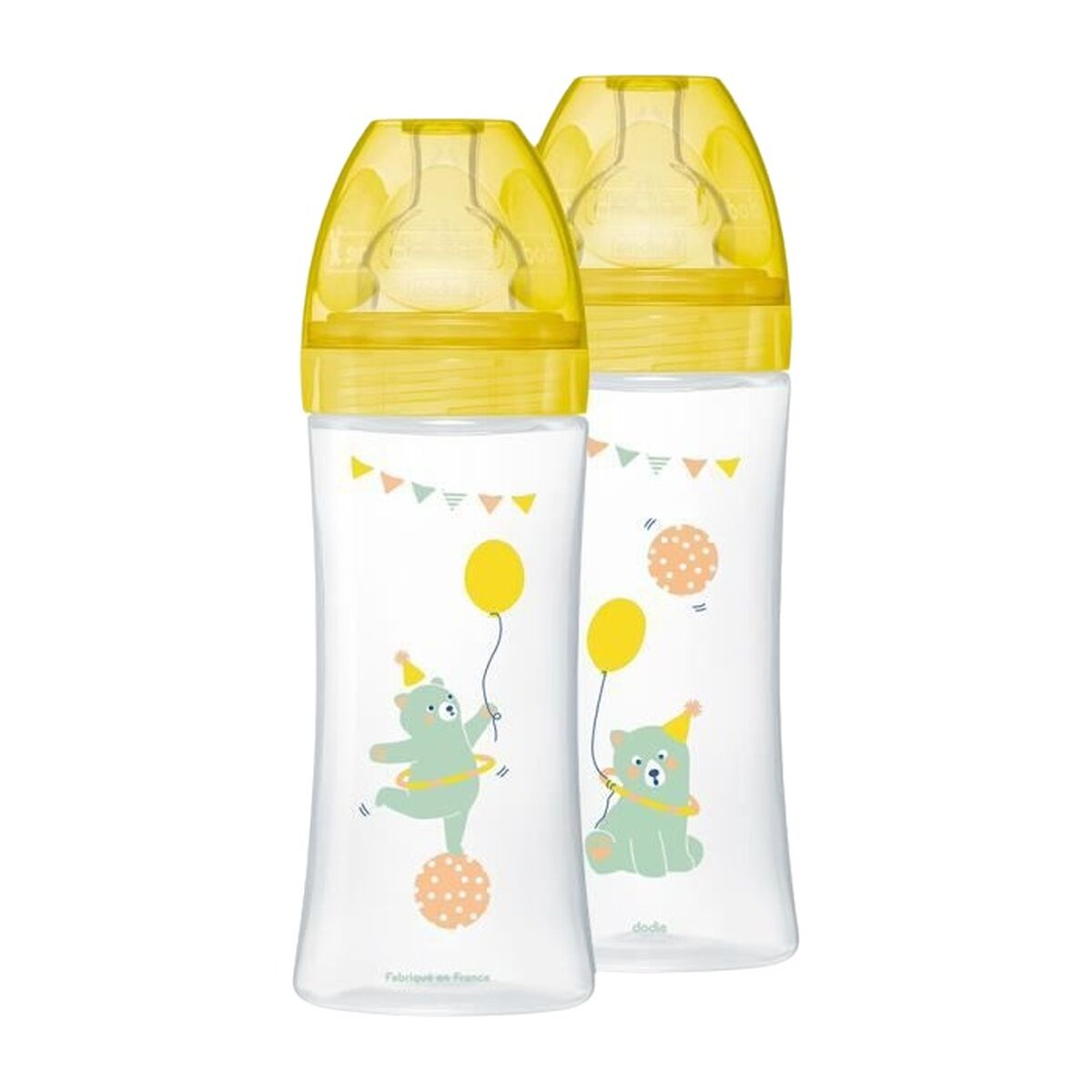 Zwei gelbe Babyflaschen mit Bären- und Ballon-Design.