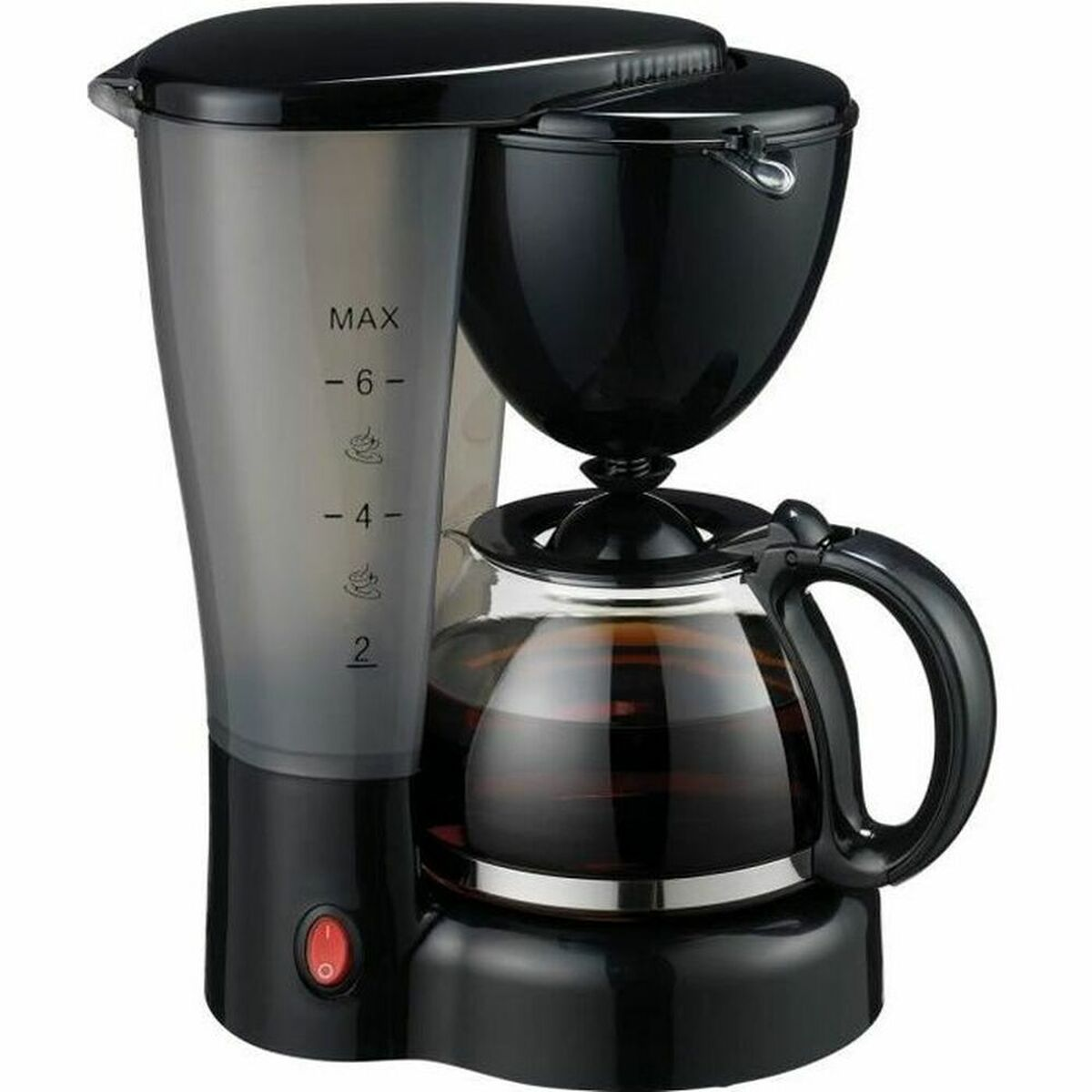 Cafetera negra con jarra de vidrio, depósito de agua y botón de encendido rojo.