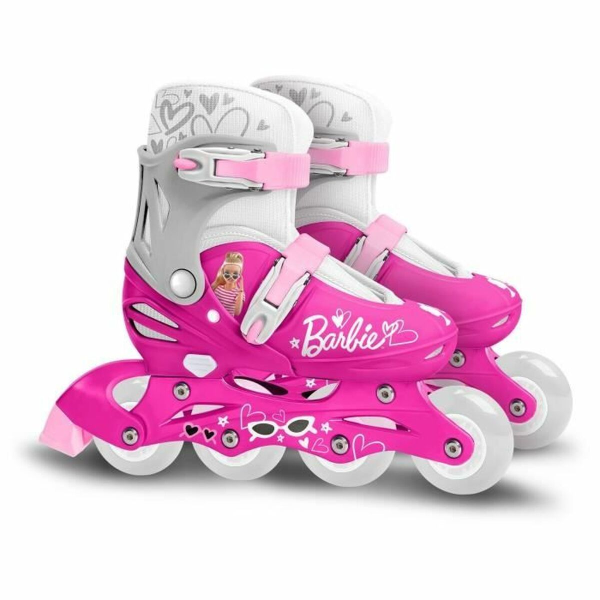Patinettes roses Barbie avec roues blanches et accents argentés.