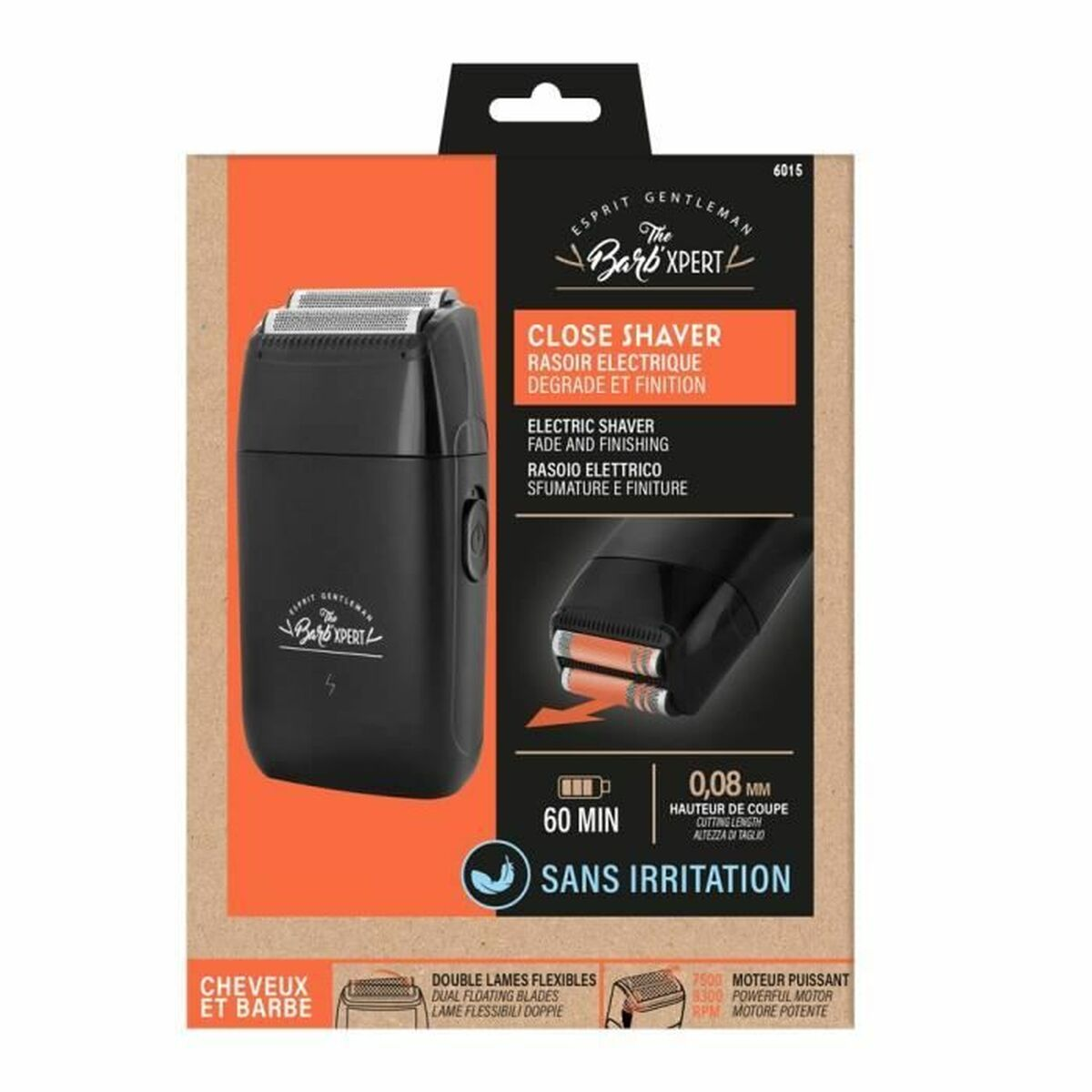 Verpackung für einen schwarzen Elektrorasierer mit orangefarbenen Akzenten und Produktinformationen.