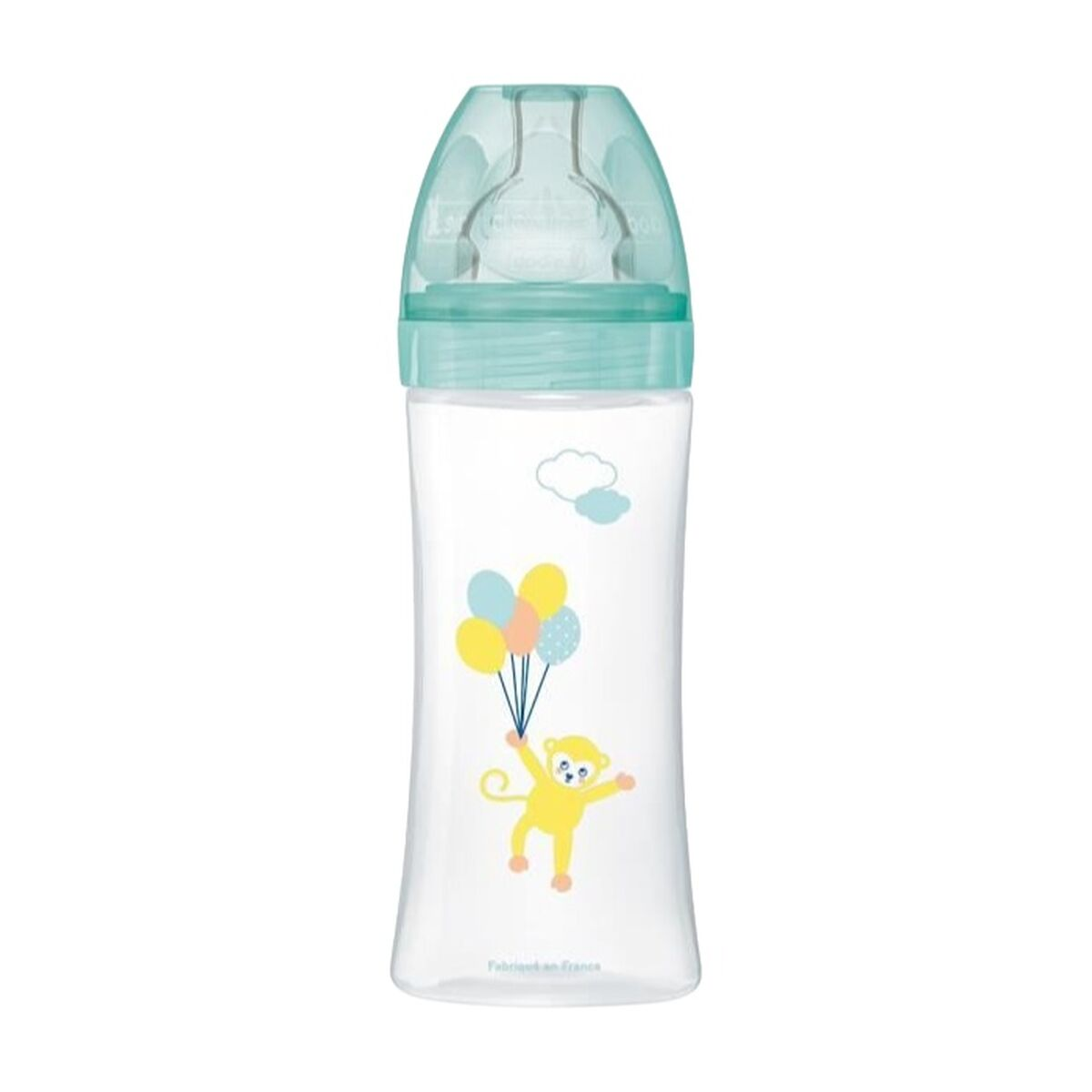 Eine durchsichtige Babyflasche mit einem Affen, der Ballons hält, und Wolken.