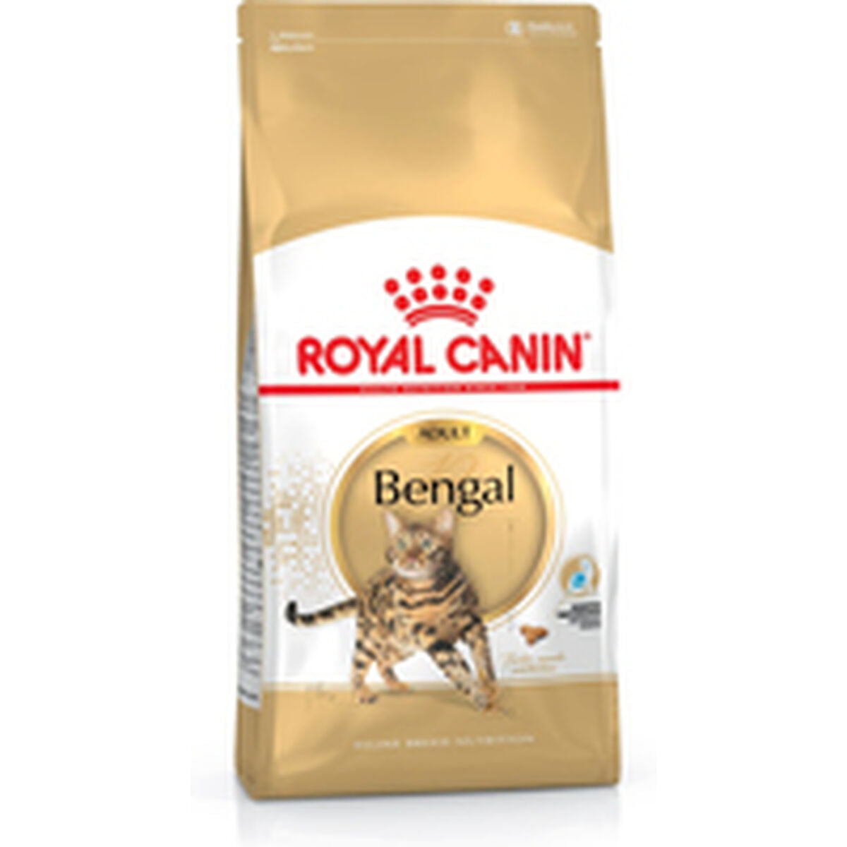Złota torba karmy dla kotów Royal Canin Bengal z wizerunkiem kota bengalskiego.