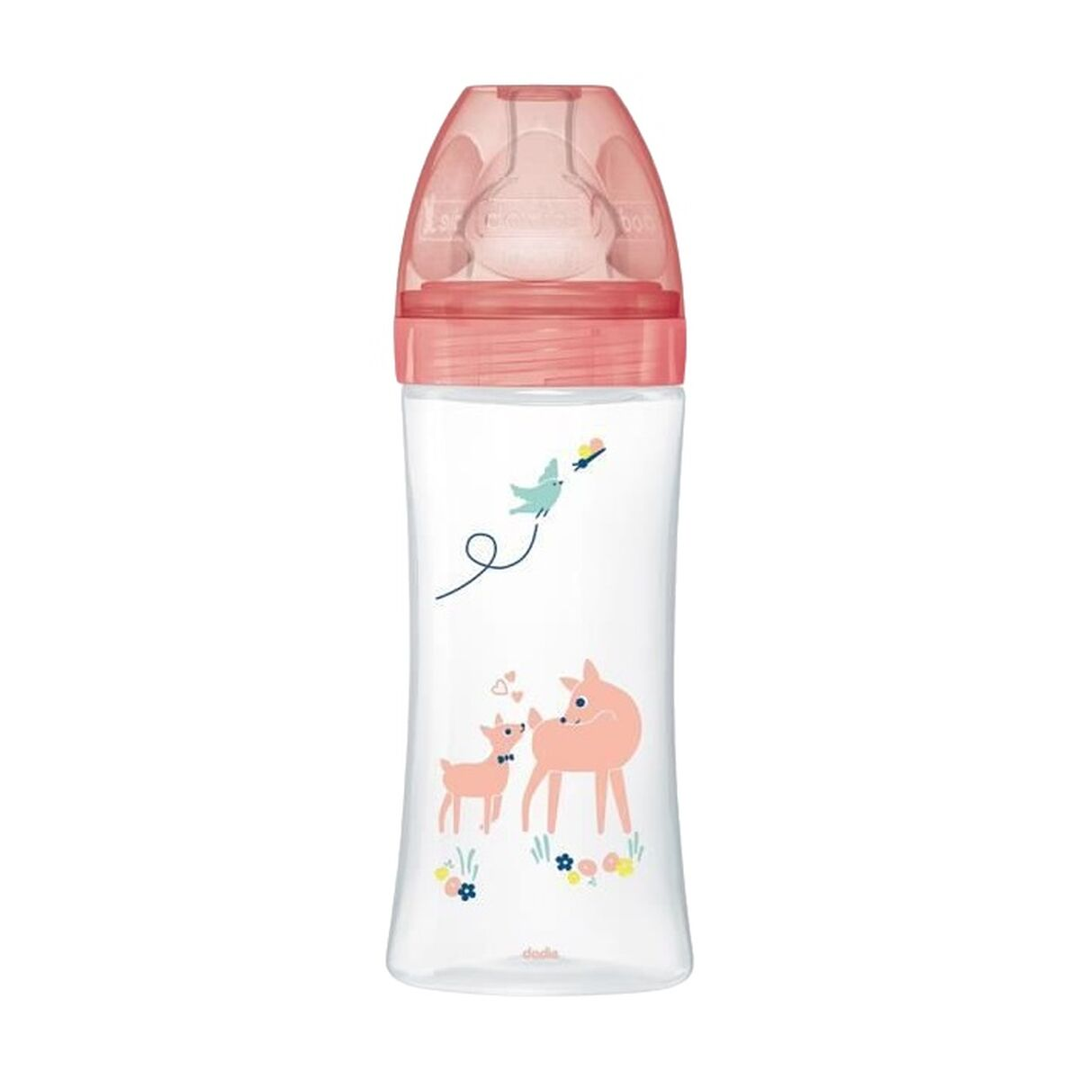 Eine klare Babyflasche mit rosa Deckel und Sauger, verziert mit Rehen und Vögeln.
