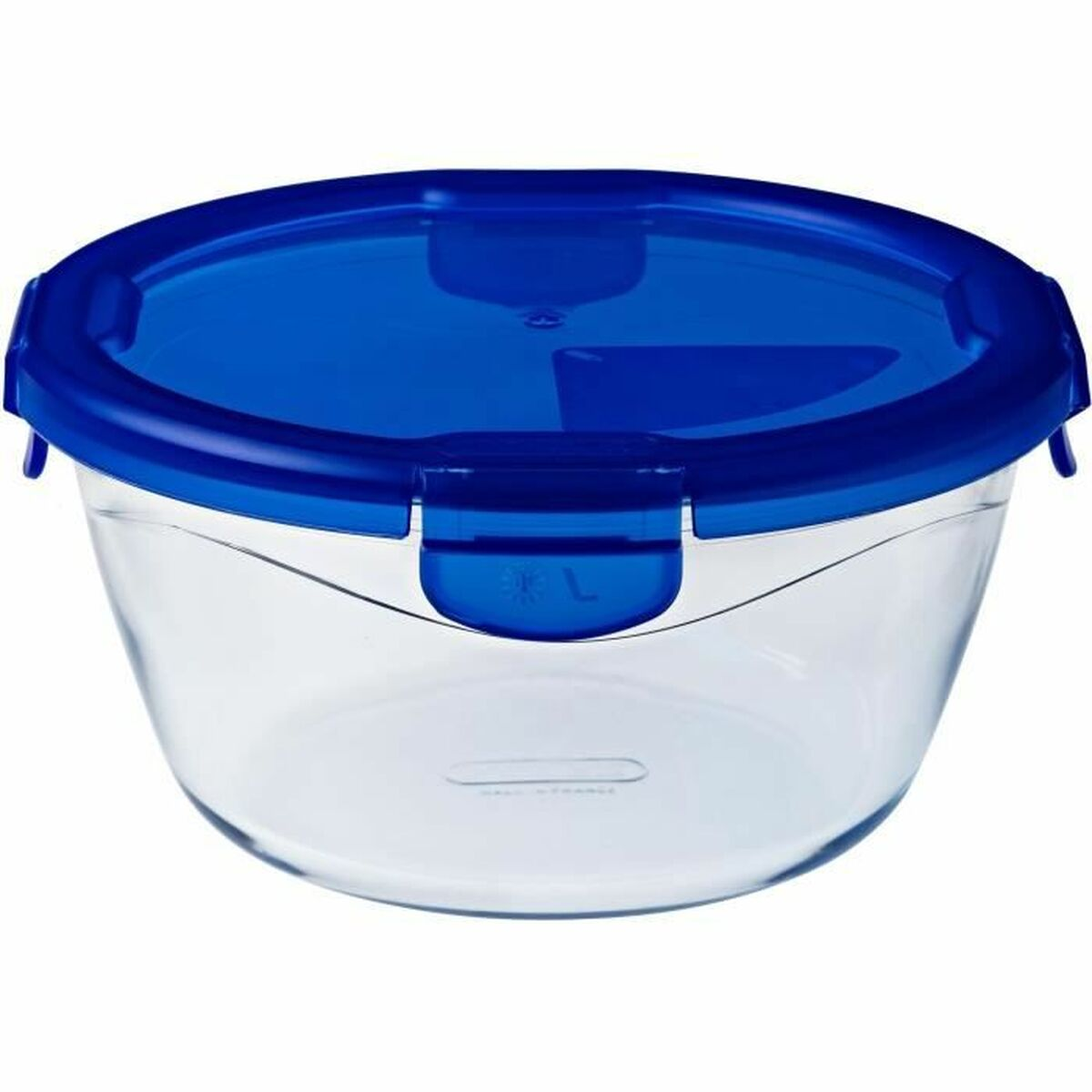 Runde Glasaufbewahrungsbox mit blauem Deckel und Verriegelungsclip.