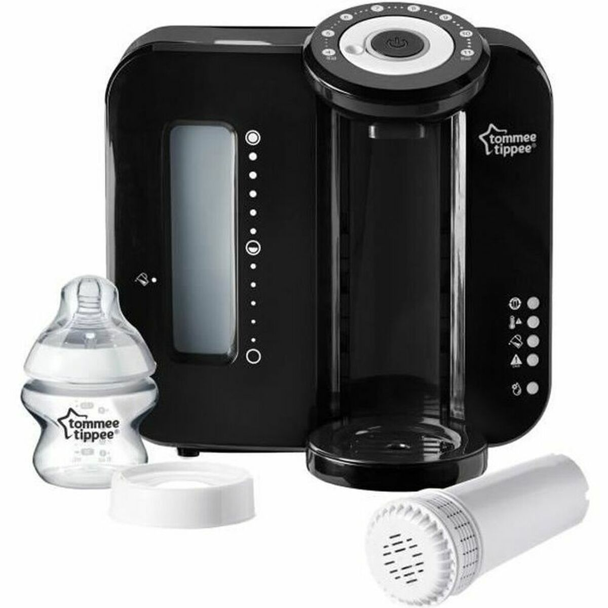 Schwarzer Tommee Tippee Babyflaschenwärmer mit Filter und Zubehör.