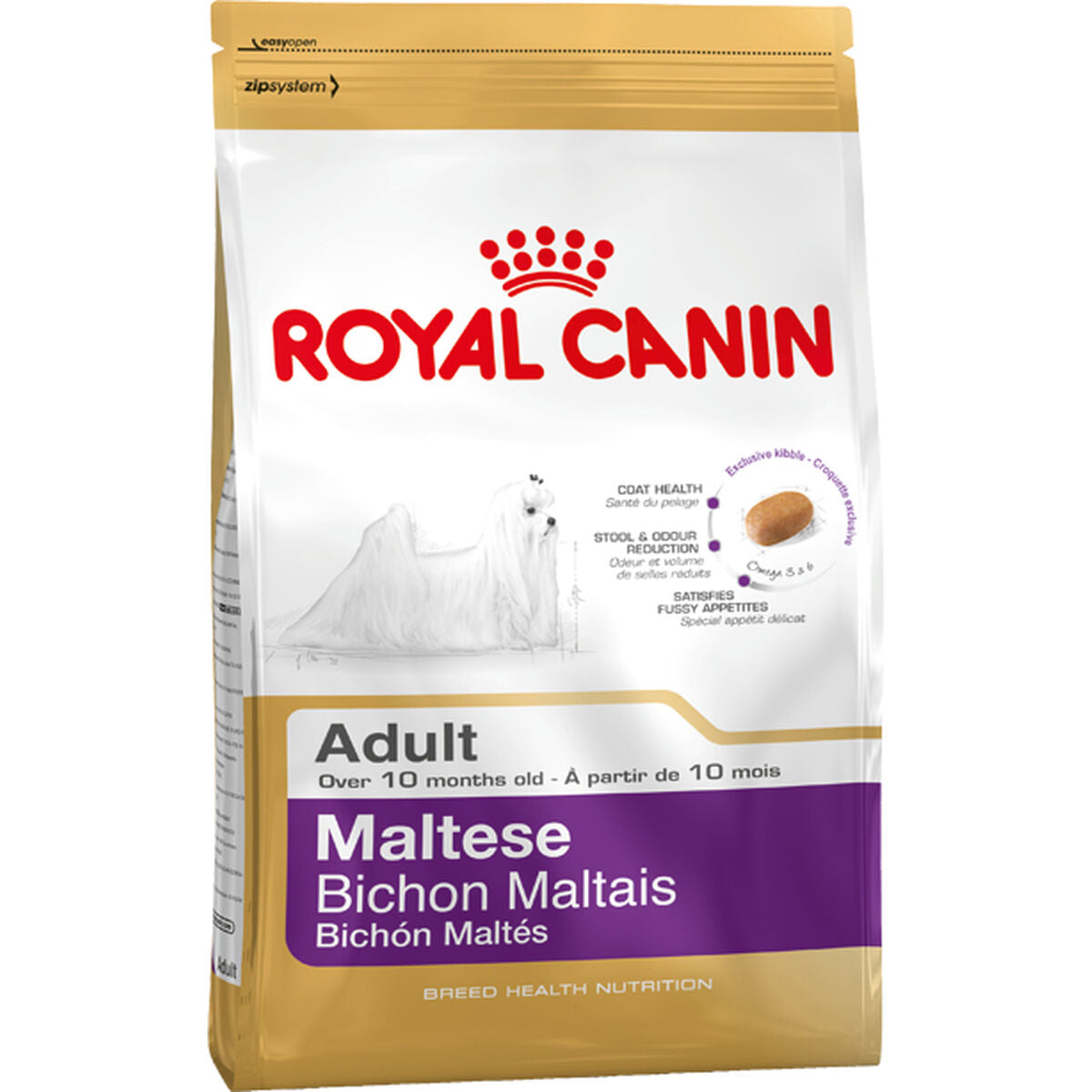 Torba karmy dla psów Royal Canin dla dorosłych Maltańczyków, z ilustracją psa i detalami.