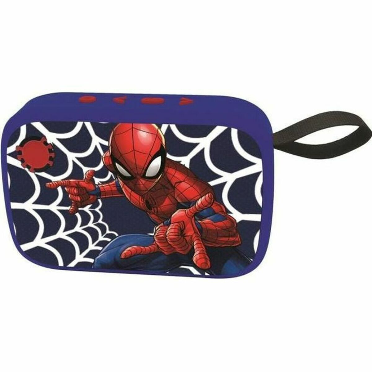 Un altoparlante blu con grafica di Spiderman, rosso e blu, con un cinturino.