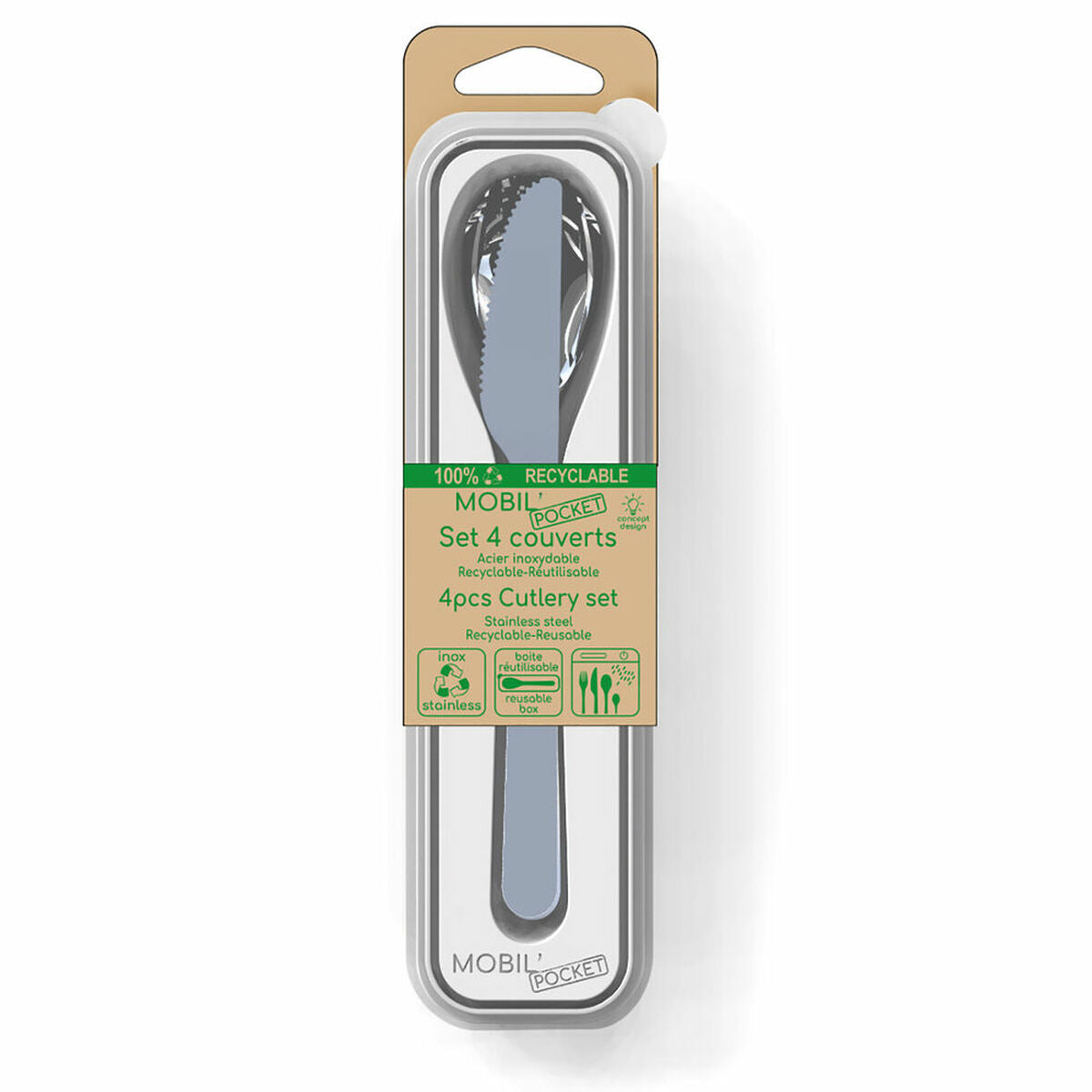 Verpackung mit Besteckset: 4 wiederverwendbare Edelstahl-Besteckteile in Grautönen.