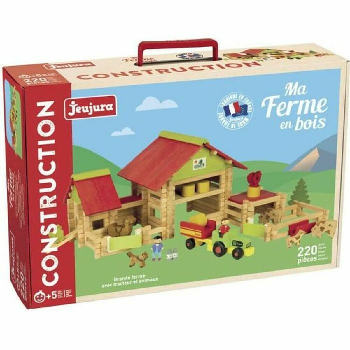 Un set di costruzione di fattoria in legno Jeujura con fienile, trattore, animali e figure sulla scatola.