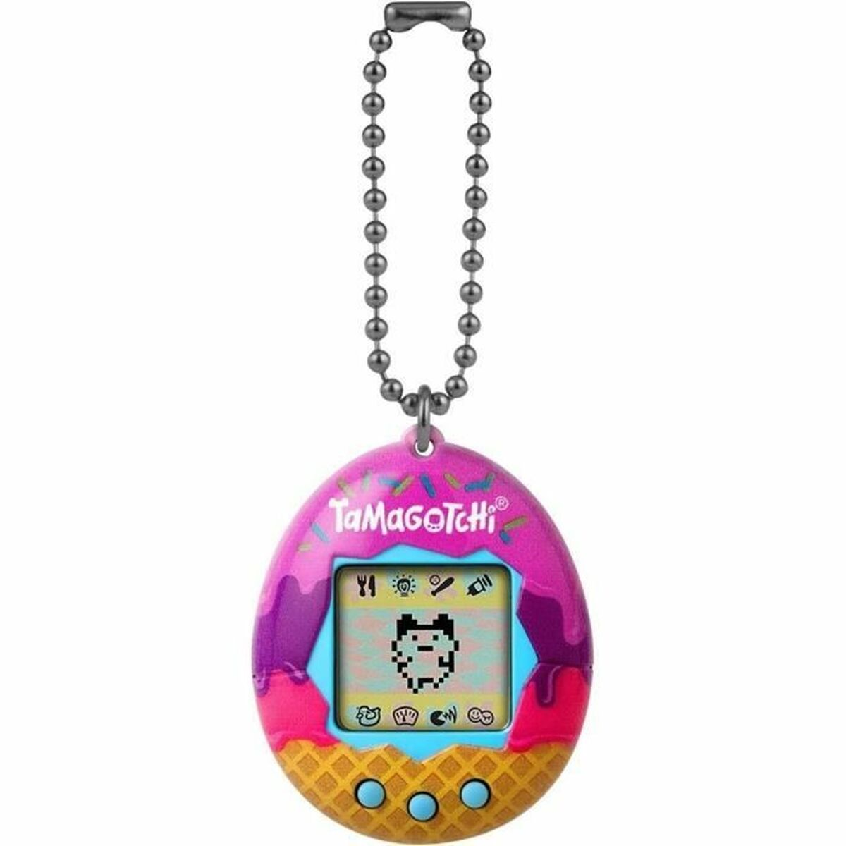 Tamagotchi rose avec design de cône de glace, animal de compagnie numérique à l'écran, attaché à une chaîne à billes.