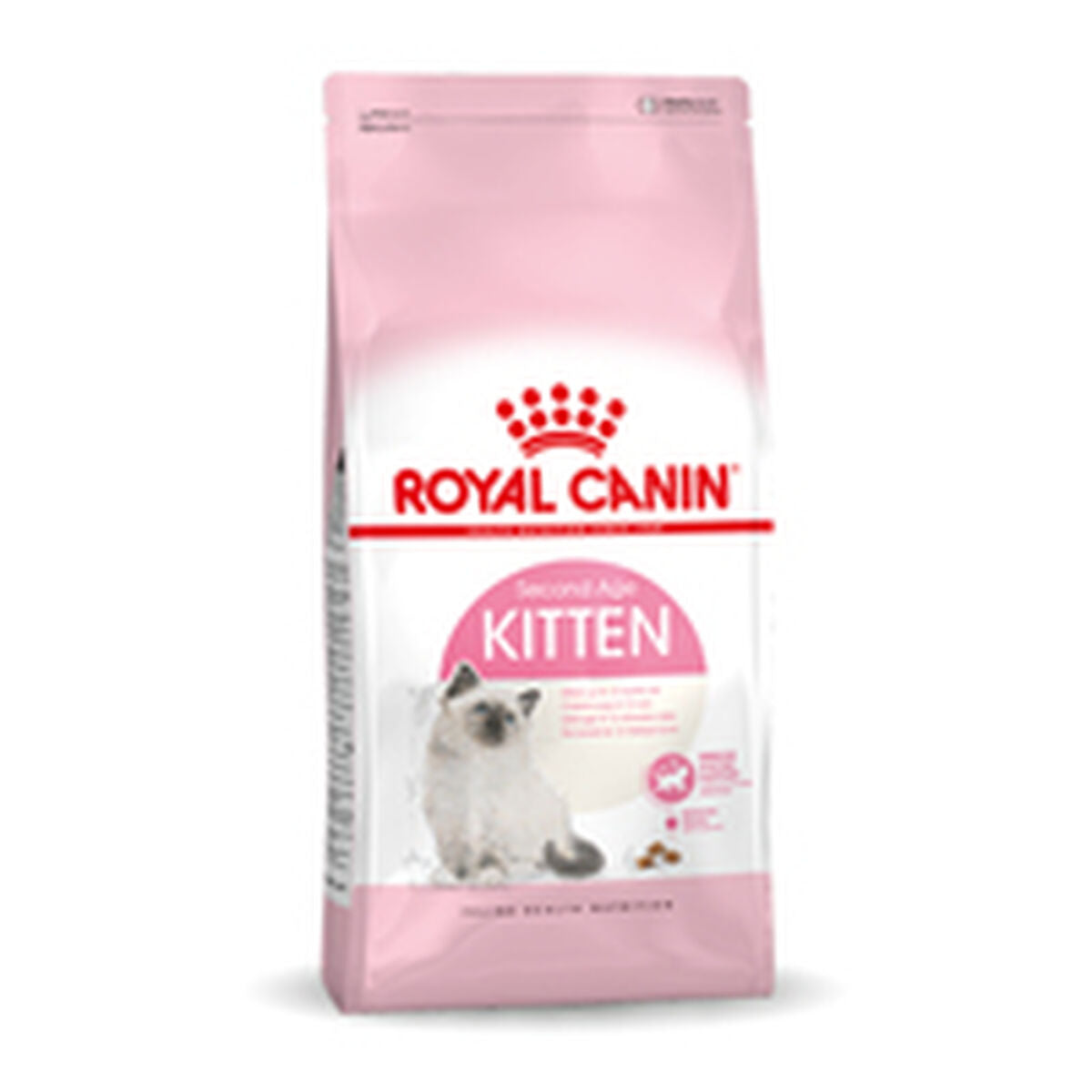 Una bolsa de comida para gatitos Royal Canin con imagen de un gato.