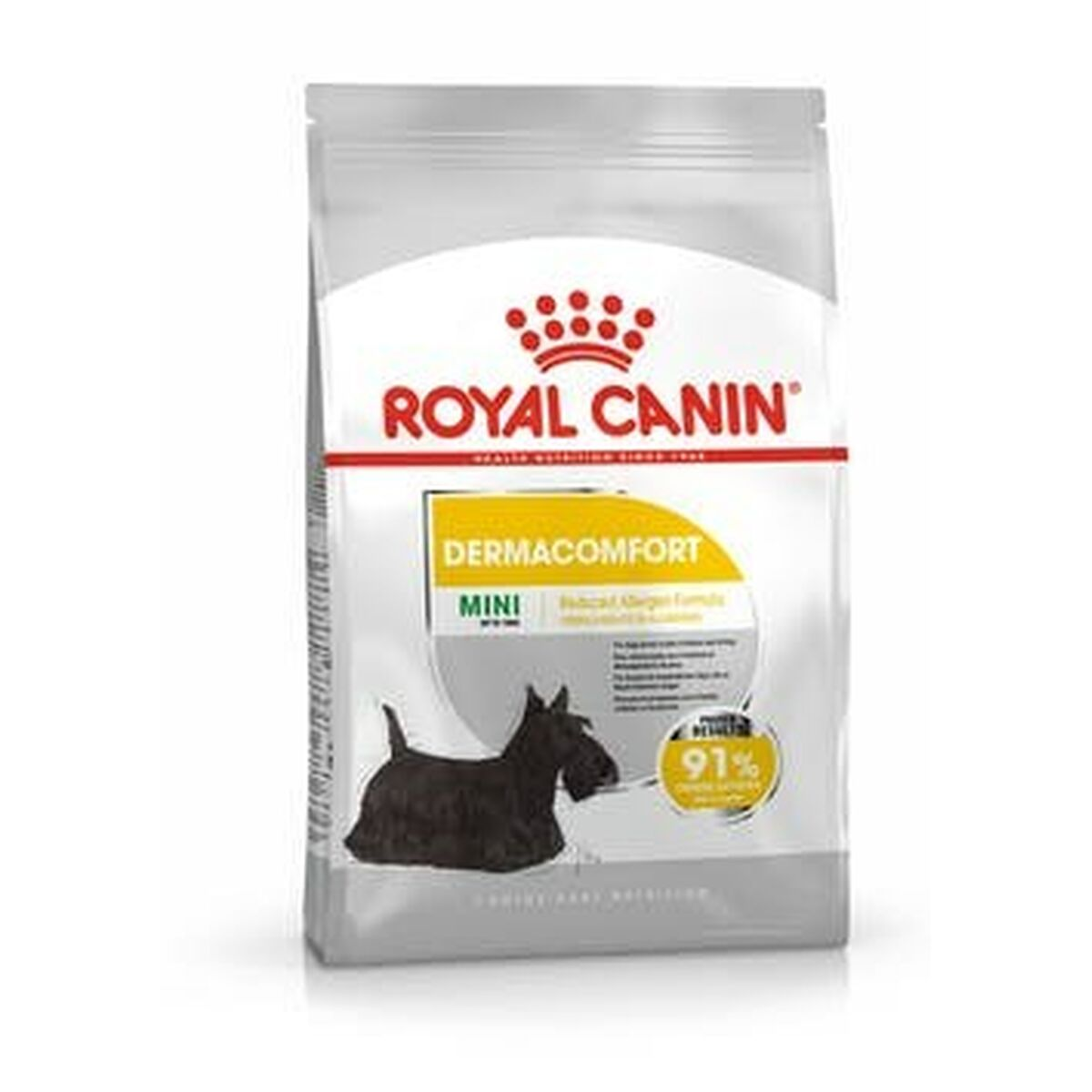 Biała i szara torba karmy dla psów Royal Canin Dermacomfort Mini ze szkockim terierem.