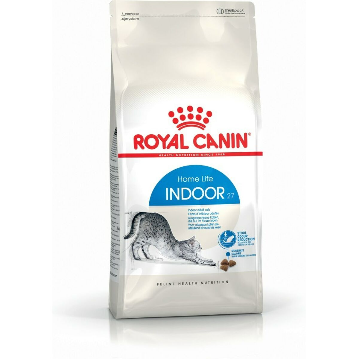 Torba karmy dla kota Royal Canin Indoor 27 z ilustracją kota w rozciągnięciu.