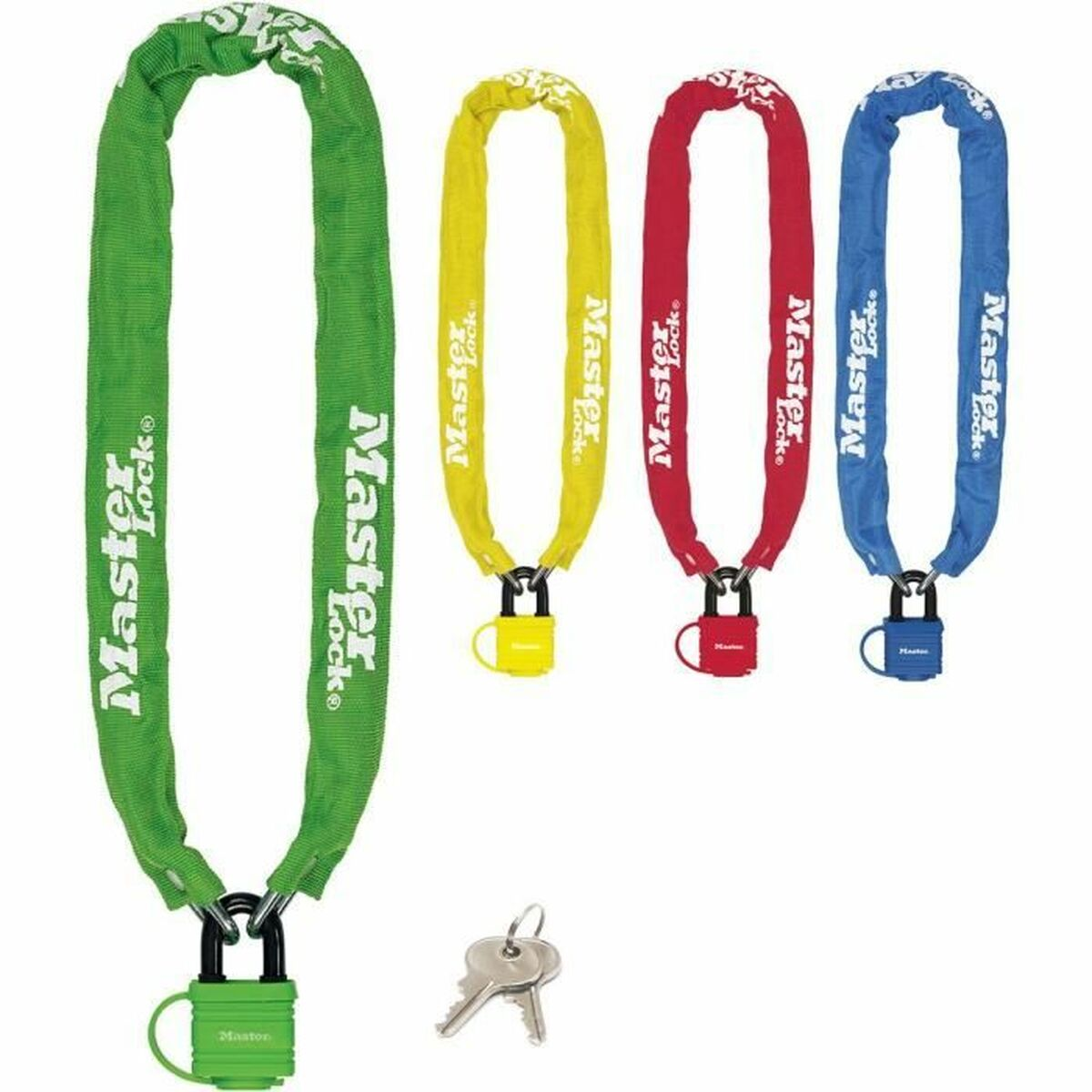 Quattro catene Master Lock per bici verdi, gialle, rosse e blu. Due chiavi nelle vicinanze.