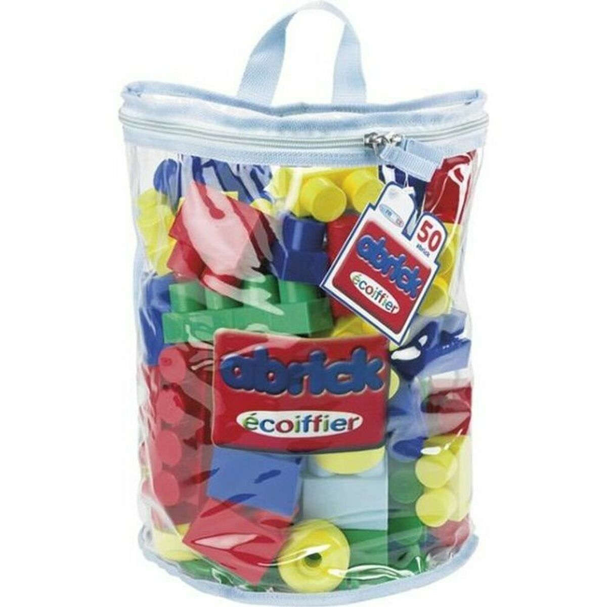 Eine durchsichtige Plastiktüte gefüllt mit bunten Bausteinen in Rot, Blau, Grün und Gelb.