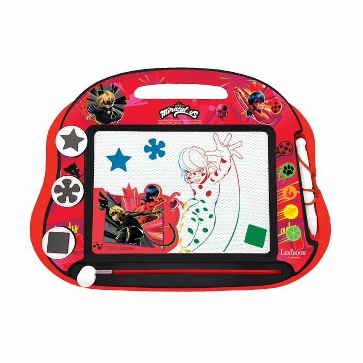 Pizarra de juguete roja con personajes de Miraculous y accesorios.