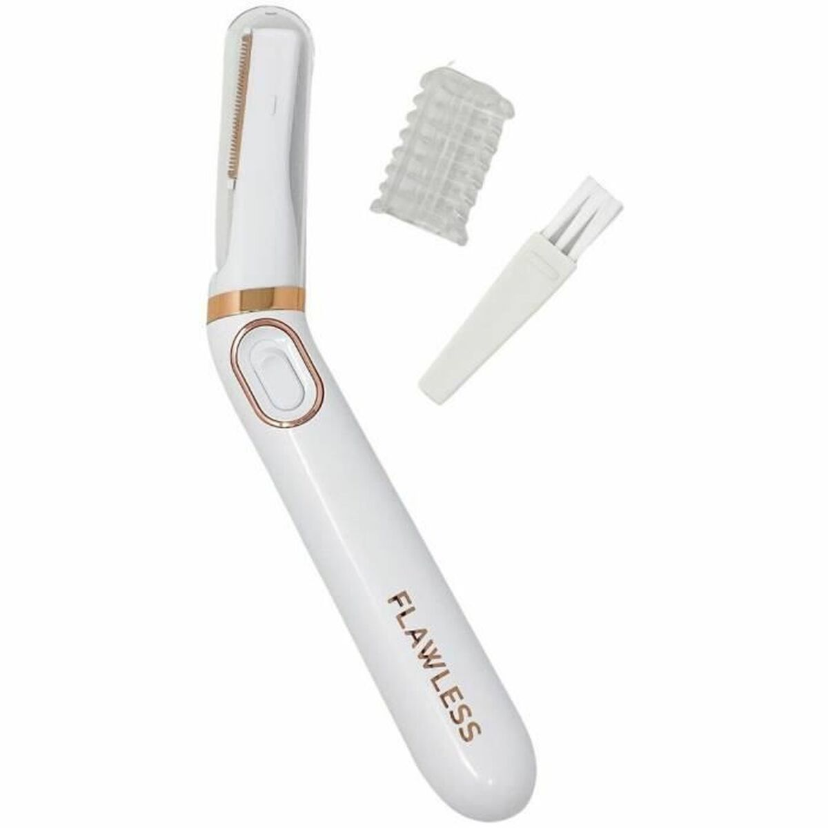 Un depilatore Flawless bianco e oro rosa con due accessori, un pettine e una spazzola, su sfondo bianco.