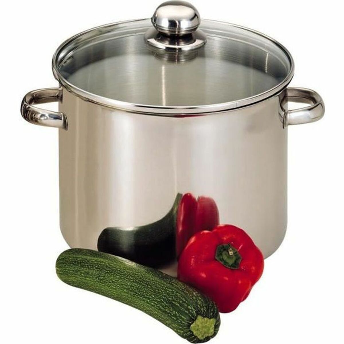 Edelstahltopf mit Glasdeckel und Gemüse: Zucchini und Paprika.