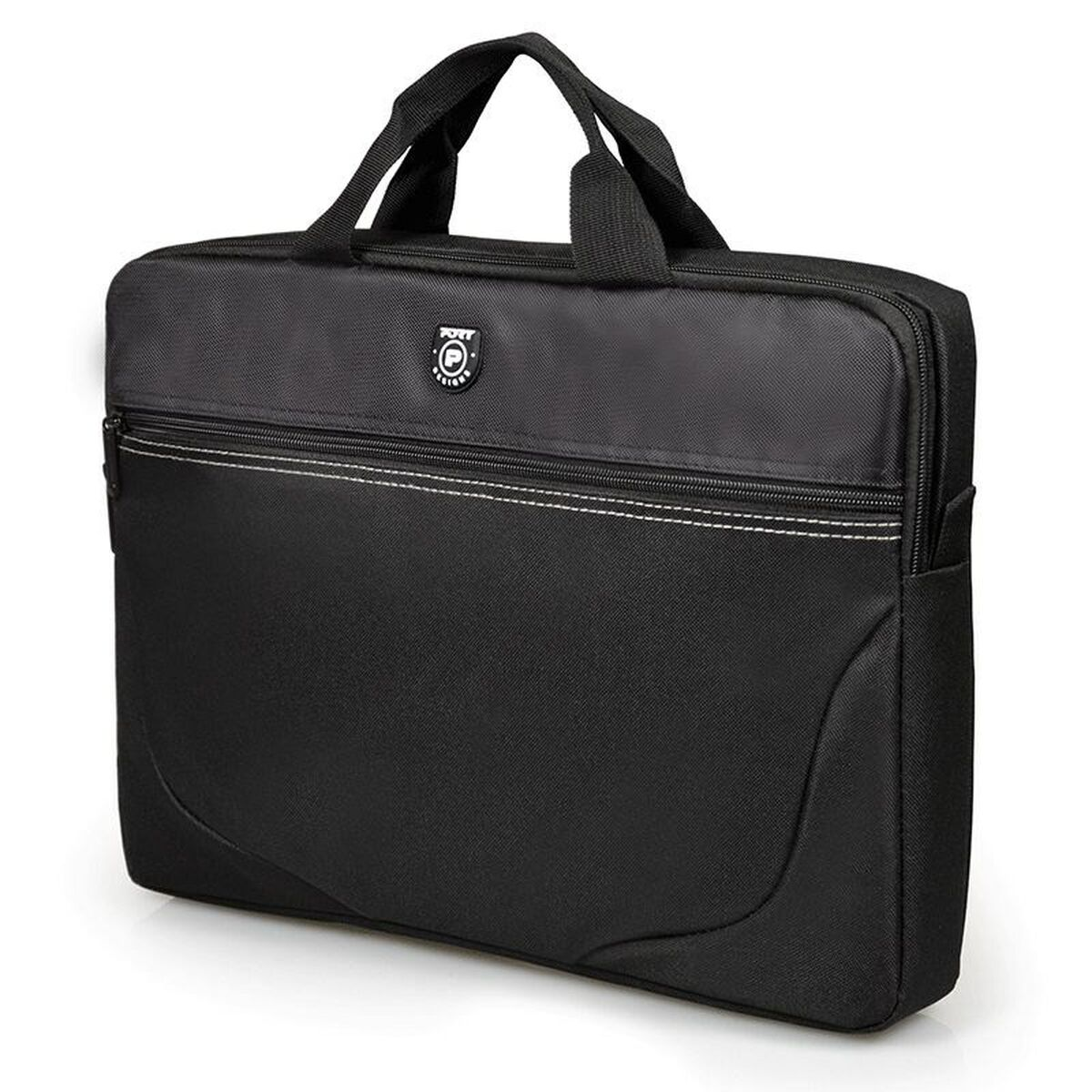 Borsa nera per laptop con due manici e logo del marchio sul davanti.