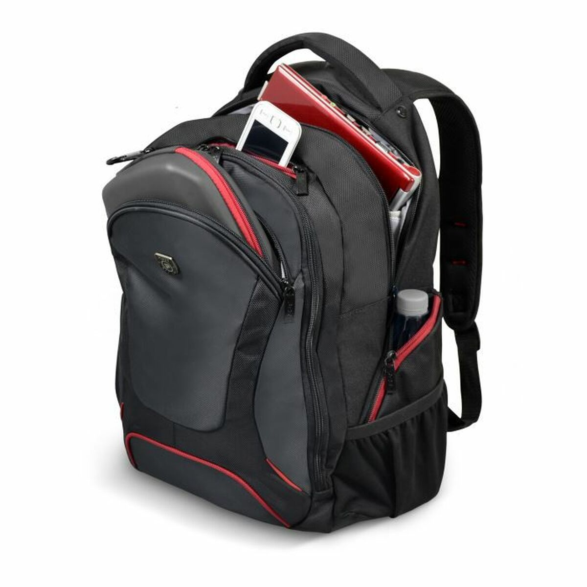 A black backpack with red accents, packed with a laptop, phone, and water bottle.