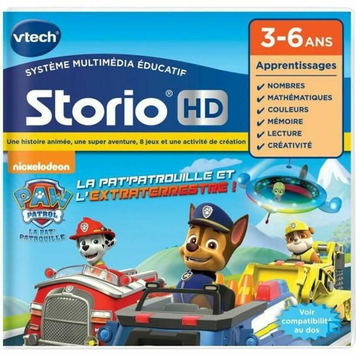 Giocattolo educativo Vtech Storio HD con personaggi Paw Patrol e UFO.
