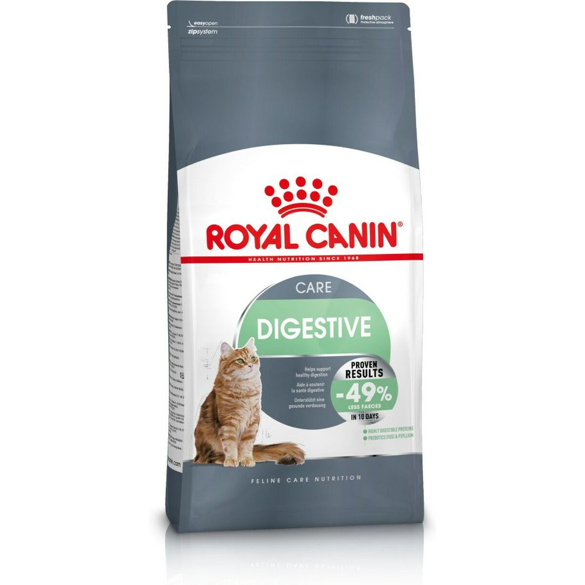 Torba karmy dla kota Royal Canin Digestive Care z pomarańczowym kotem.