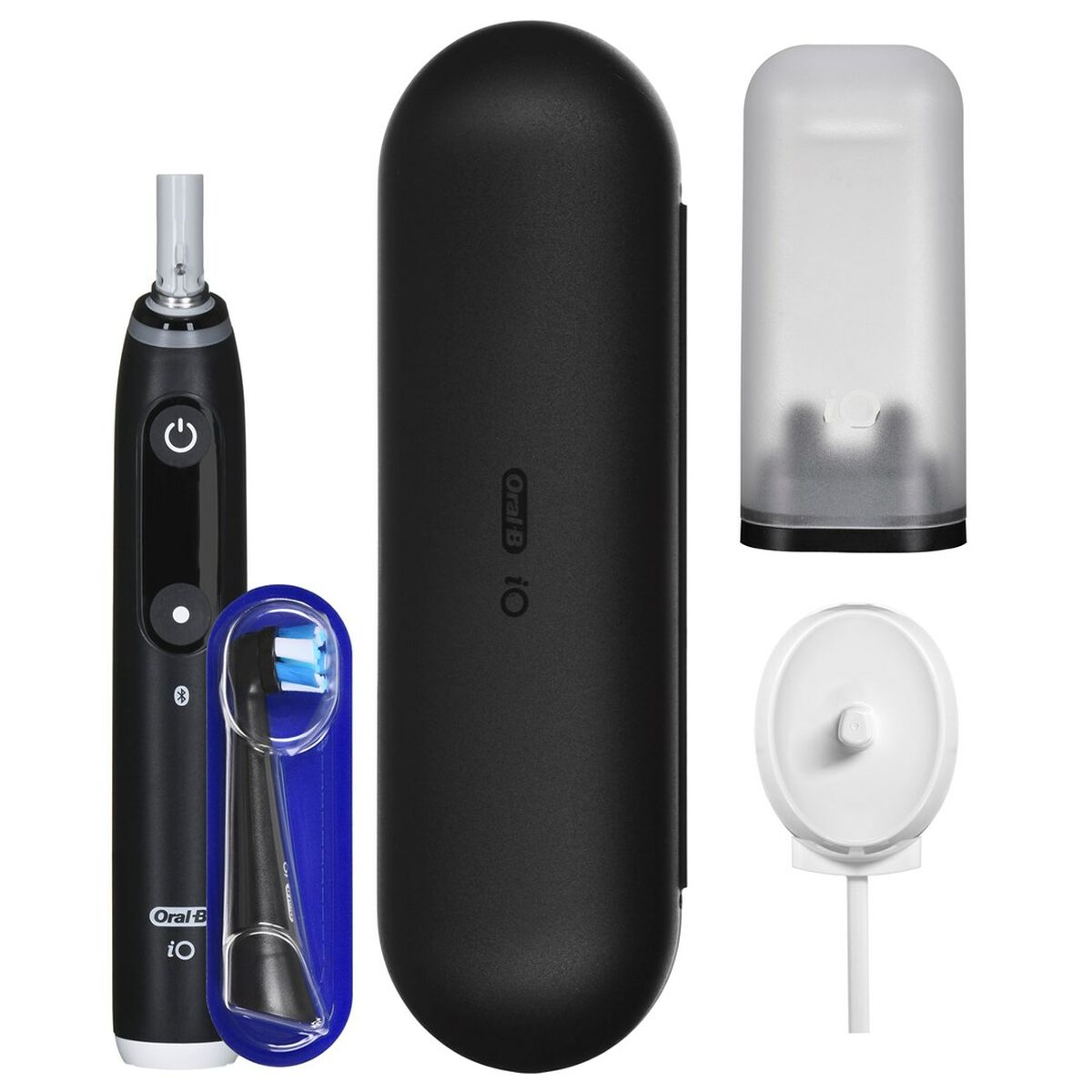 Black electric toothbrush with charging base, travel case, and spare brush head.