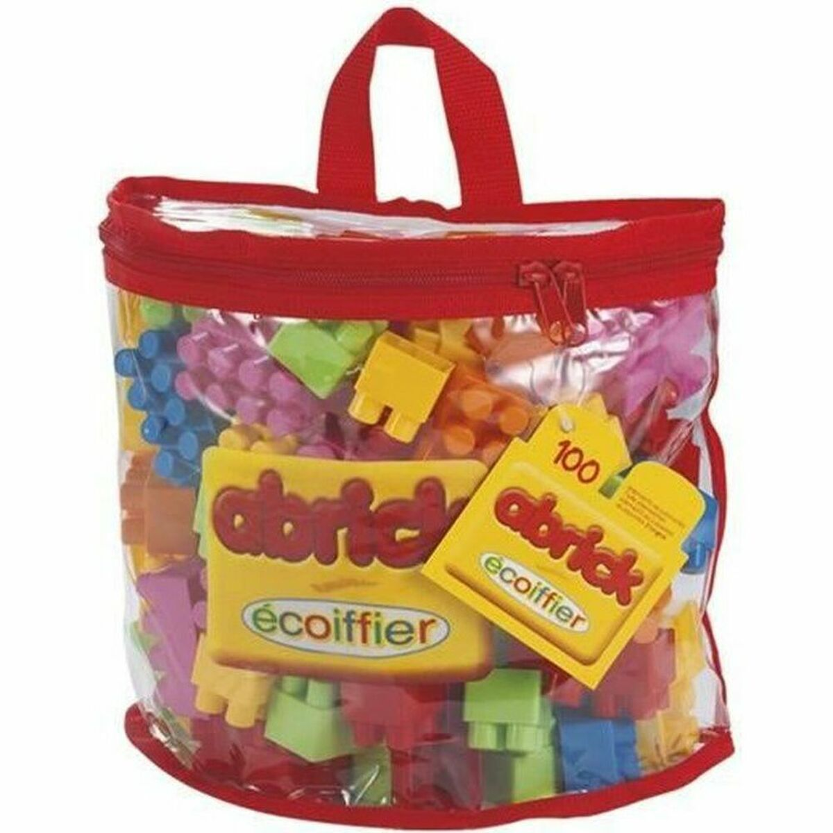Una borsa rossa con zip piena di blocchi colorati. Sono visibili due etichette gialle.