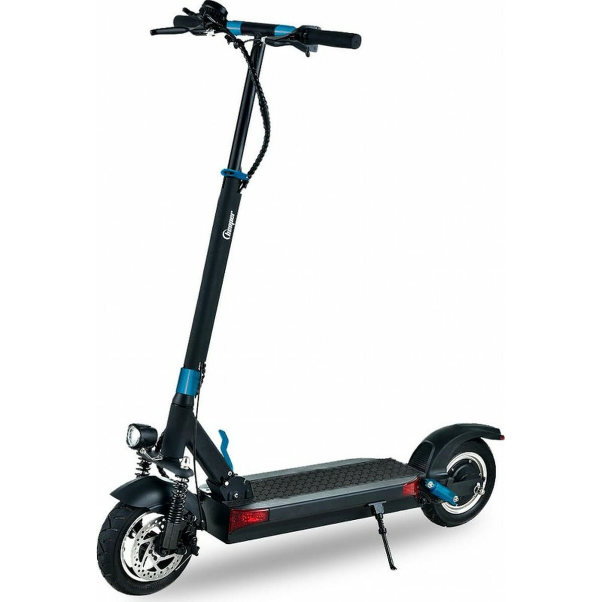 Un monopattino elettrico nero con accenti blu su sfondo bianco.