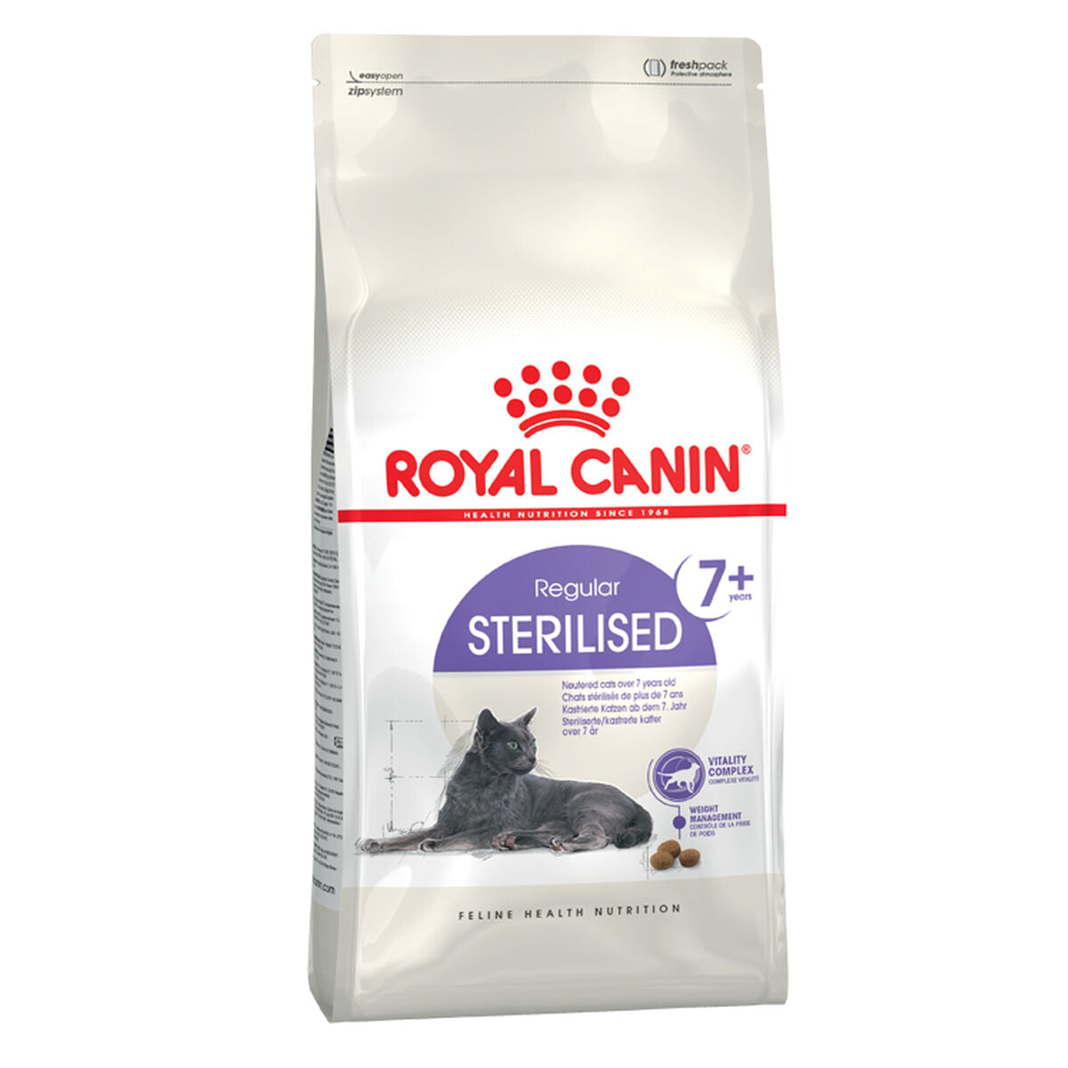 Torba karmy dla kotów Royal Canin Sterilised z szarym kotem, 7+ lat, kompleks witalności.