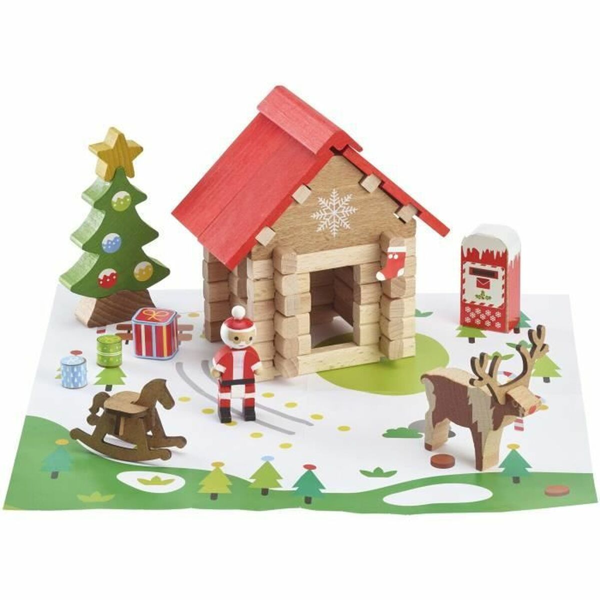 Villaggio natalizio in legno: baita, Babbo Natale, renna, albero, cavallo a dondolo, cassetta postale.