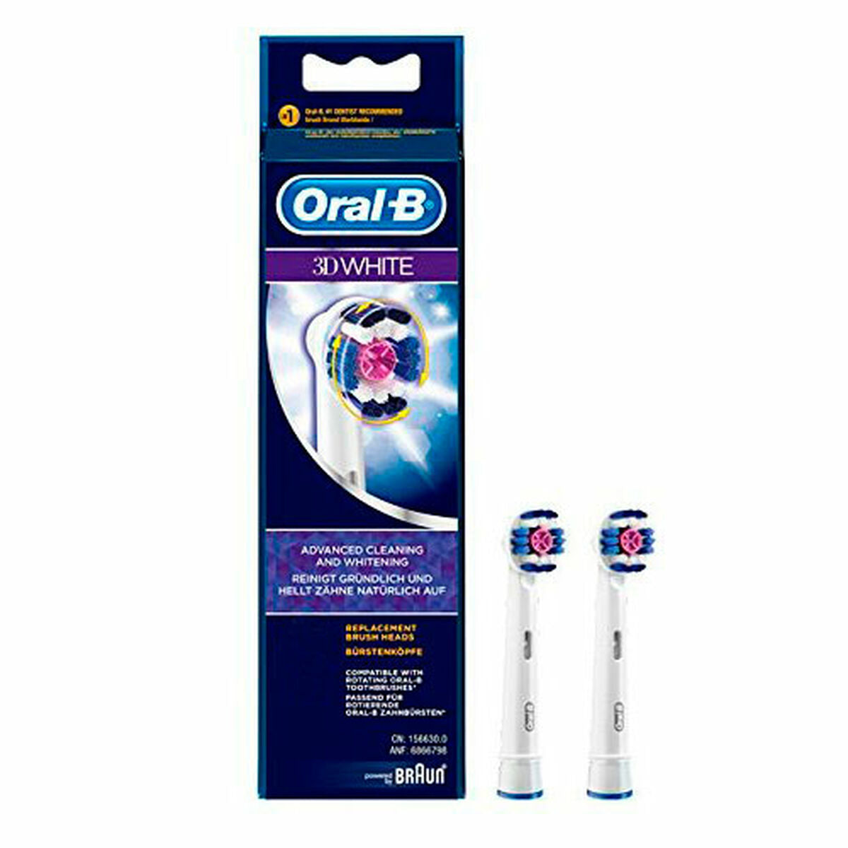 Testine Oral-B 3D White in blister con due testine di ricambio.