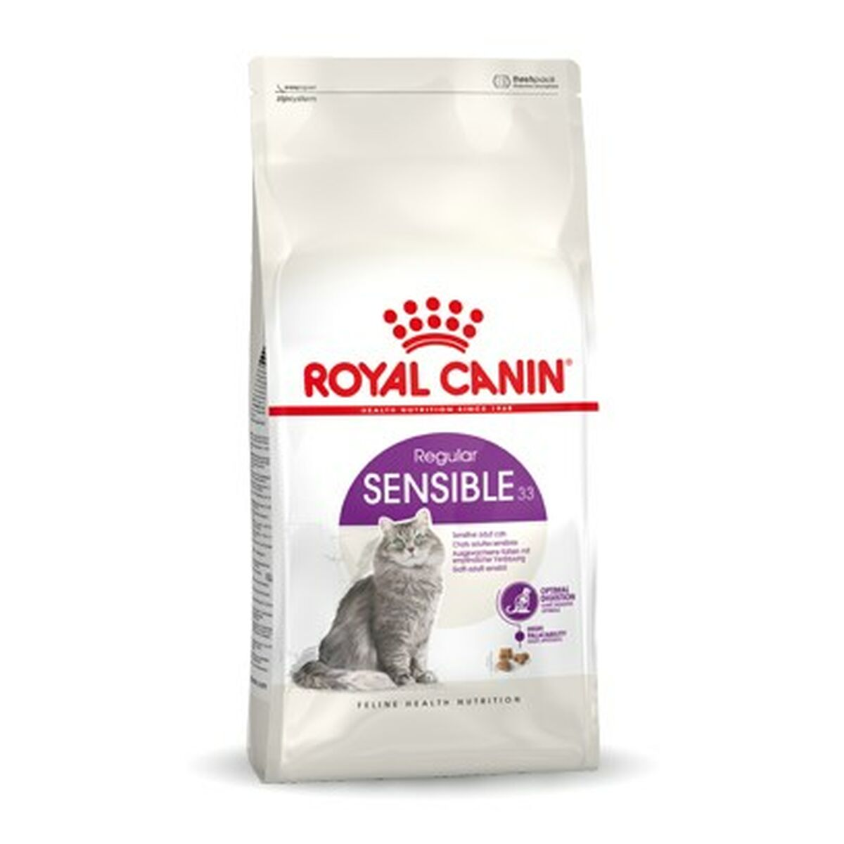 Biała torba karmy dla kotów Royal Canin z wizerunkiem szarego kota.