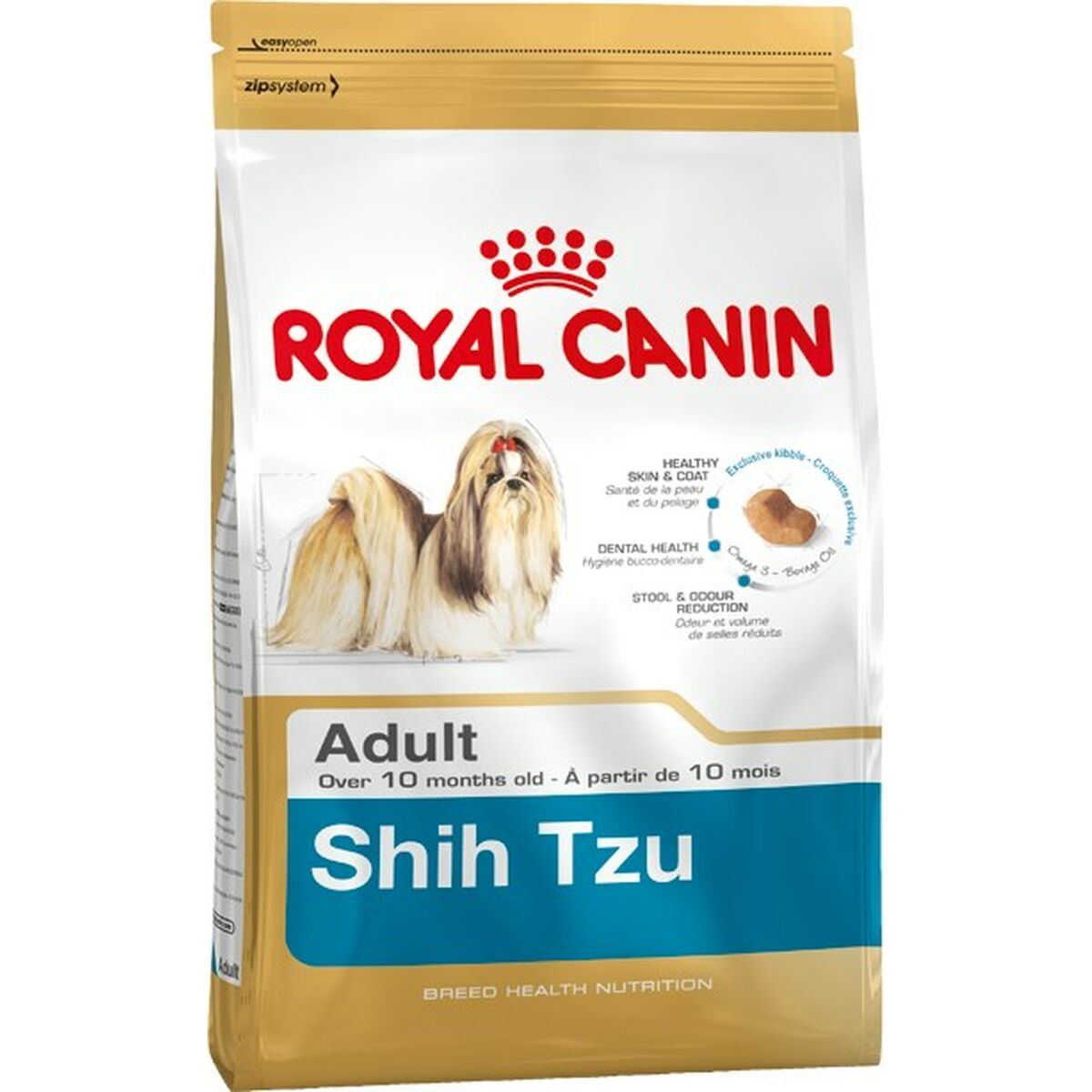 Opakowanie karmy dla psów Royal Canin Shih Tzu z wizerunkiem psa, tekst po angielsku i francusku.