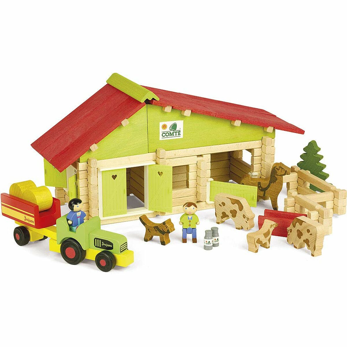 Holzbauernhof mit Traktor, Figuren, Tieren und Zäunen.