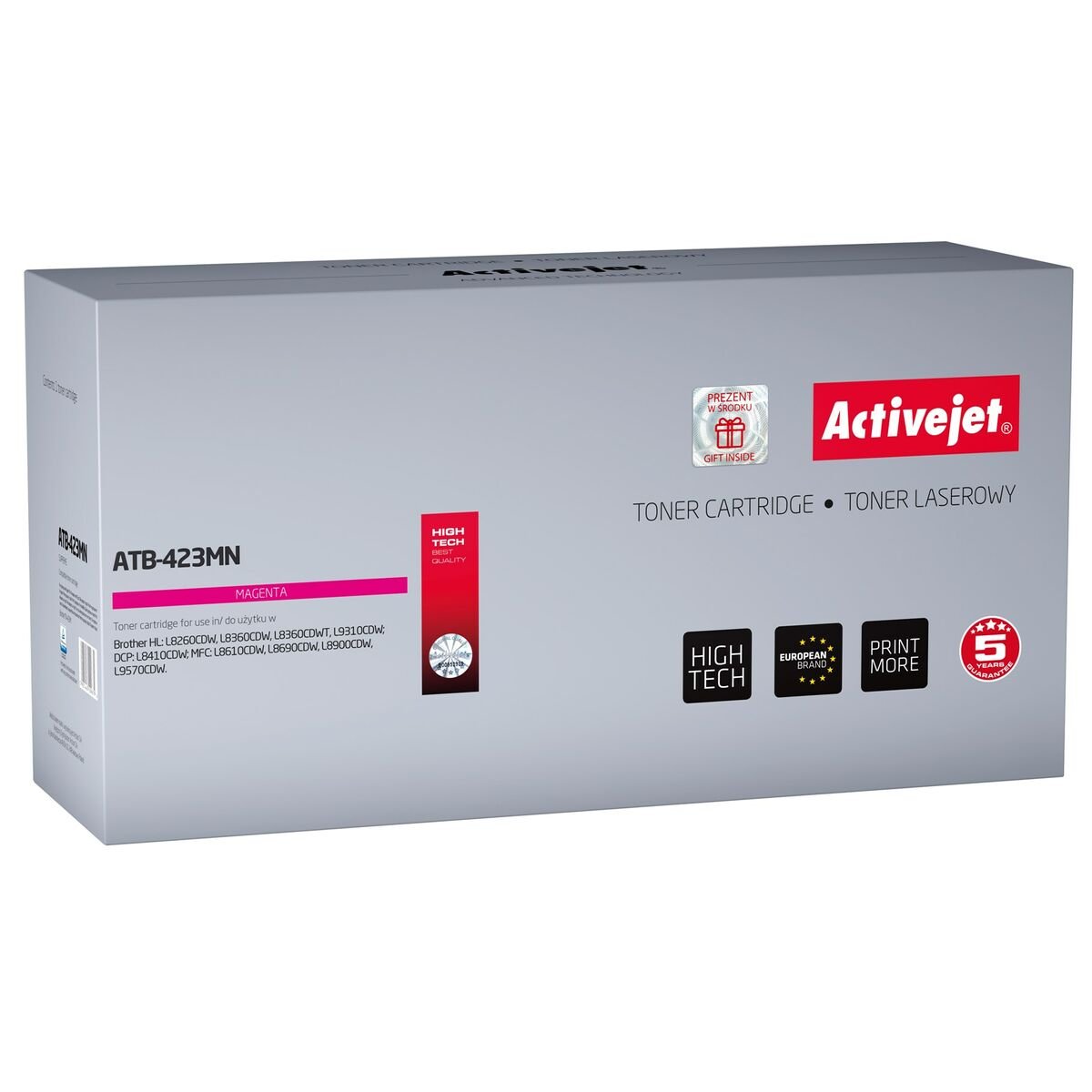 Toner Activejet ATB-423MN Magenta z etykietą 'Prezent w środku'.