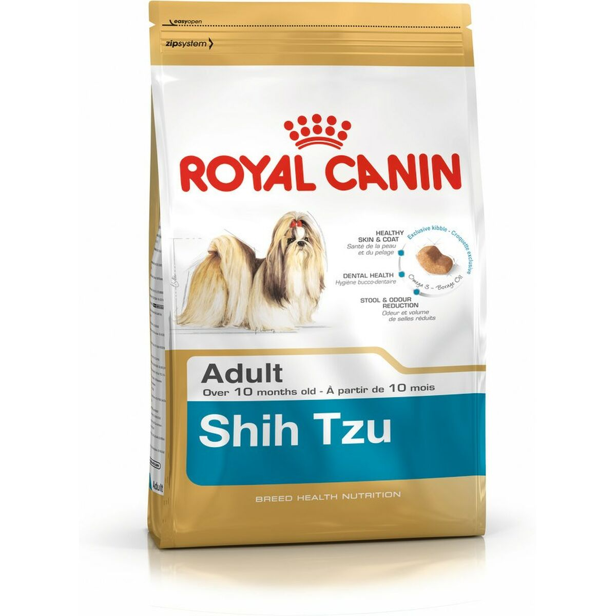 Bolsa de comida para perros Royal Canin Shih Tzu con imagen de perro e información.