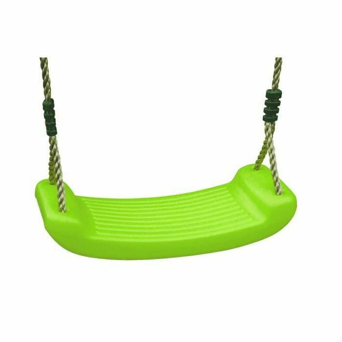 Un sedile per altalena verde con corde e supporti neri.