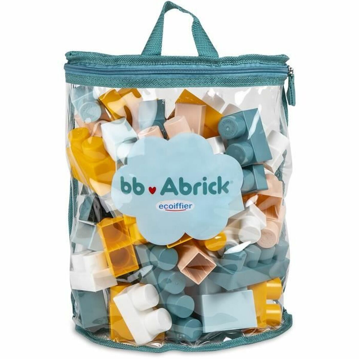 Eine transparente Tasche mit bunten Bausteinen in Gelb, Blau und Weiß.