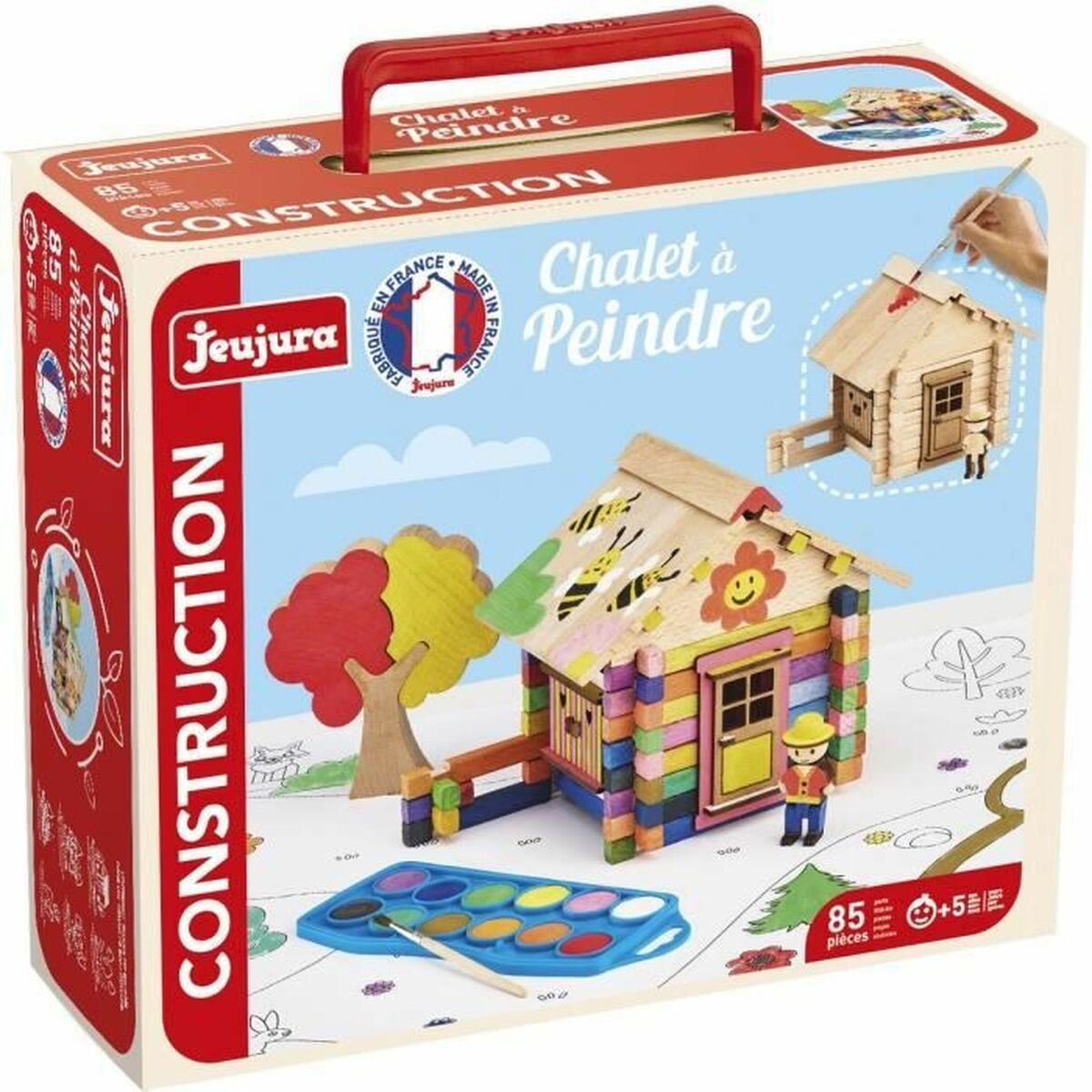 Un set di giocattoli da costruzione con blocchi di legno colorati, tavolozza di pittura e casa dipinta.